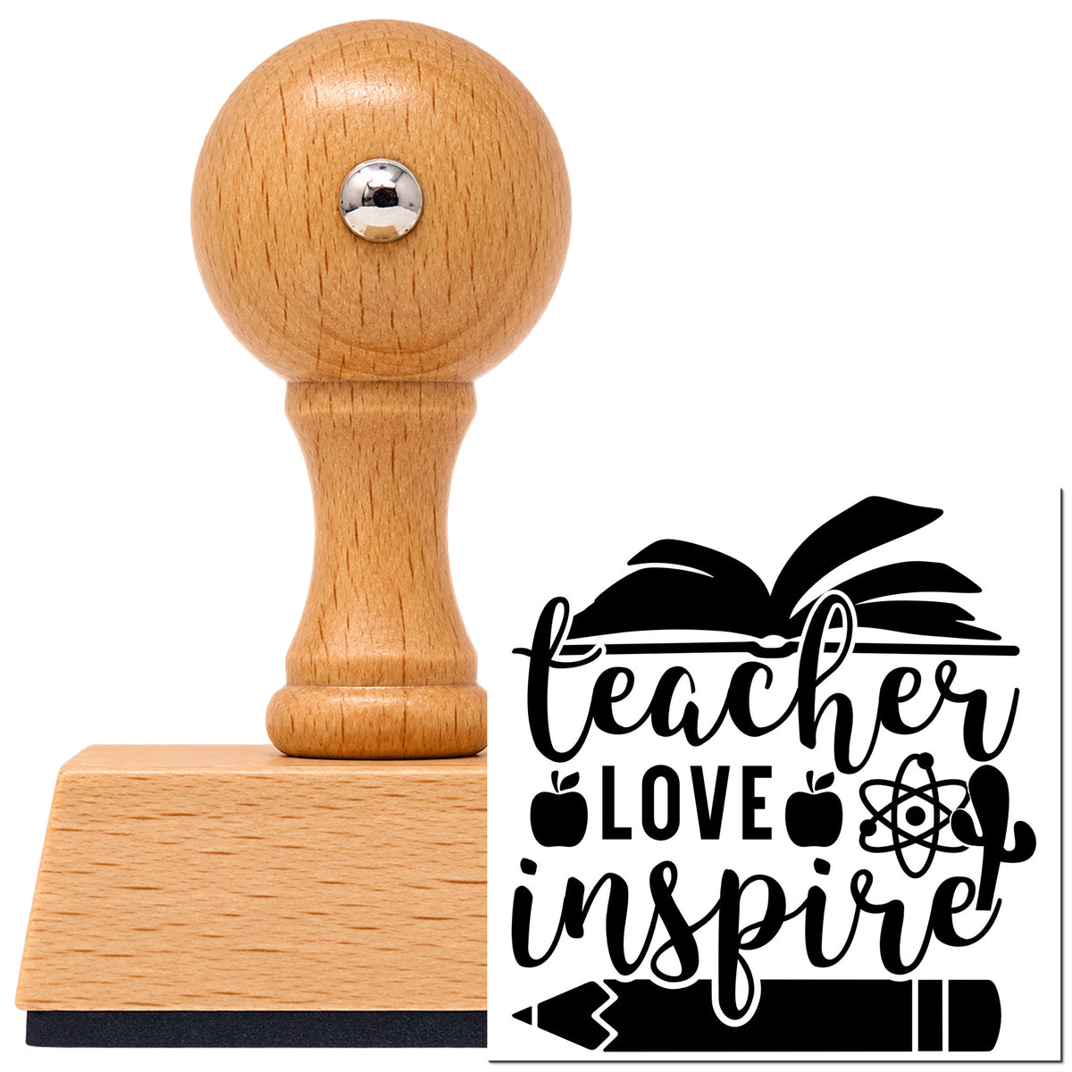 Vintage Pro beech wood stamp with a round knob handle, shown with its black Teacher Love Inspire Learning Icons Apple imprint on white.