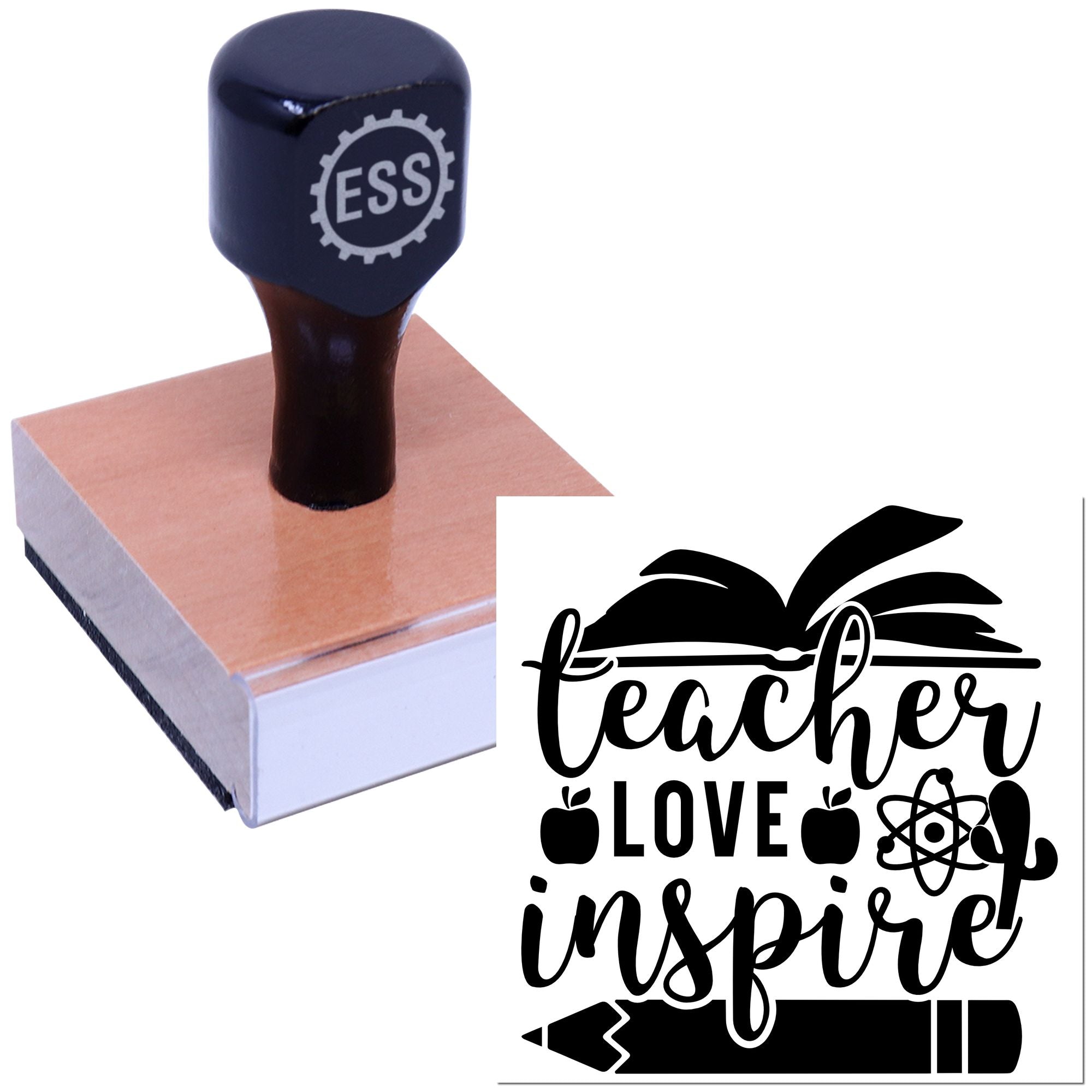 Dark navy self-inking stamp with ESS logo beside black teacher-love-inspire seal design on a white background.