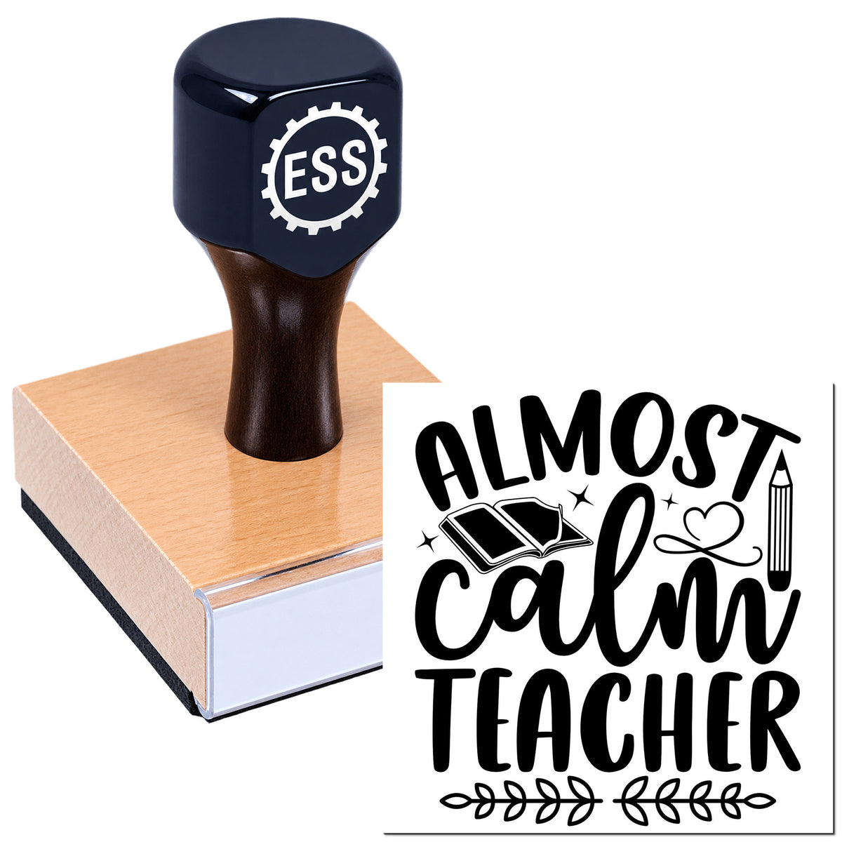 Black ESS stamp seal on peach block beside "Almost Calm Teacher" design with book, pencil, heart, and leaves.