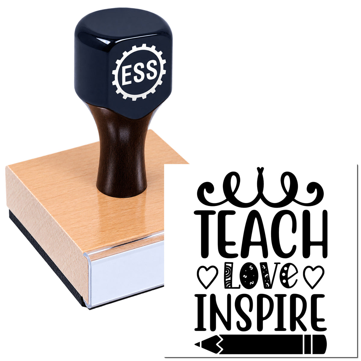 Dark blue ESS stamp and seal on wooden base with bold black Teach Love Inspire text and hearts.