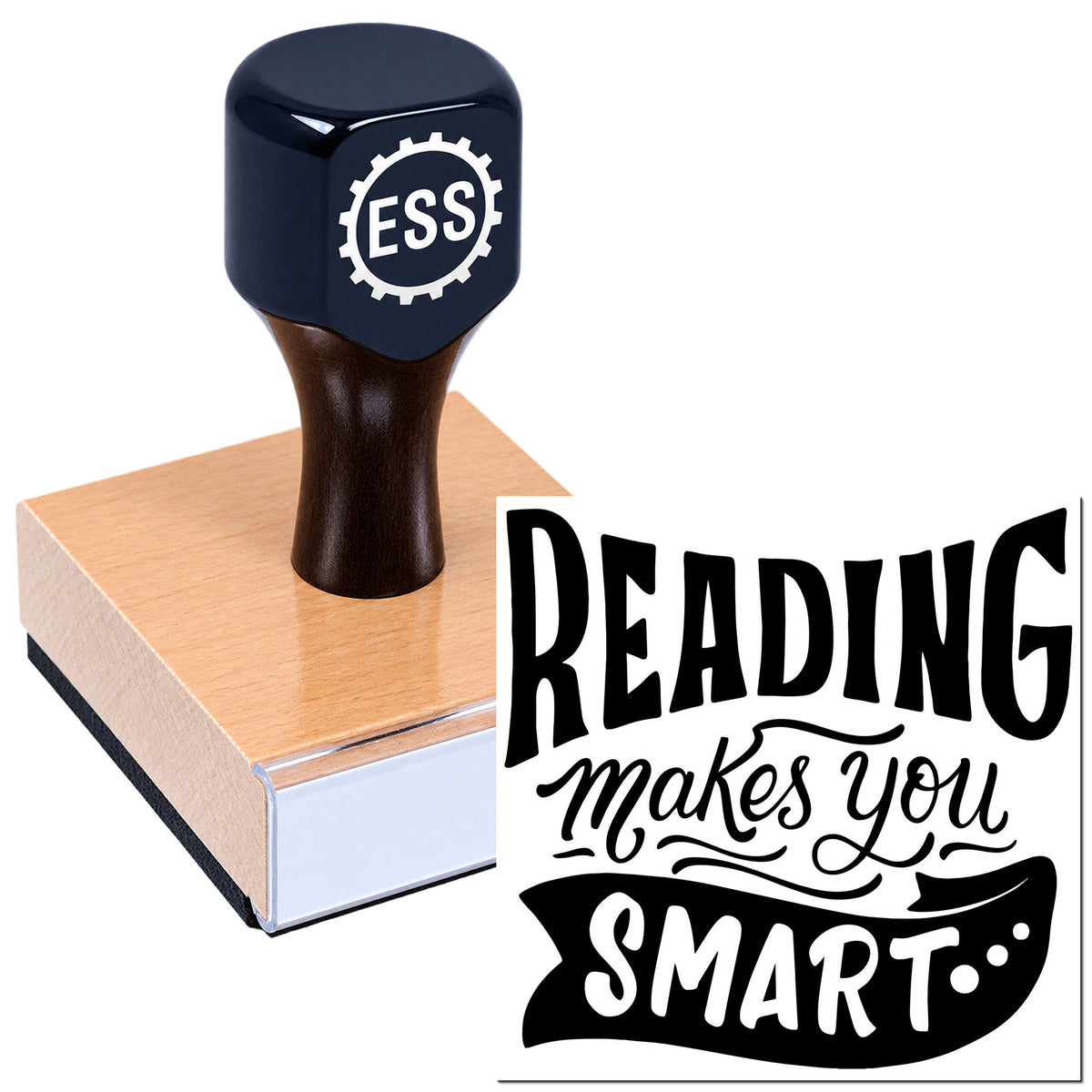 Dark blue ESS stamp on tan pad with black "Reading makes you smart" seal design.
