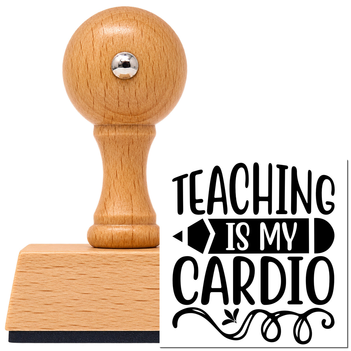 Vintage Pro beech wood stamp with a round knob handle, shown with its black Teaching Cardio Pencil Banner imprint on white.