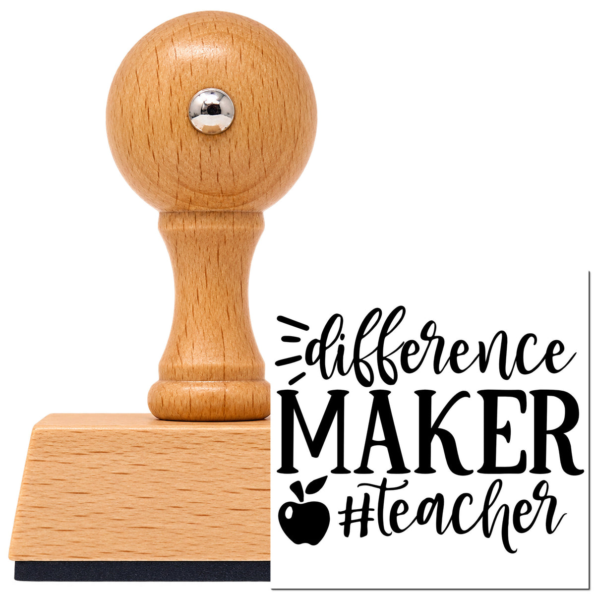 Vintage Pro beech wood stamp with a round knob handle, shown with its black Difference Maker Teacher Apple imprint on white.