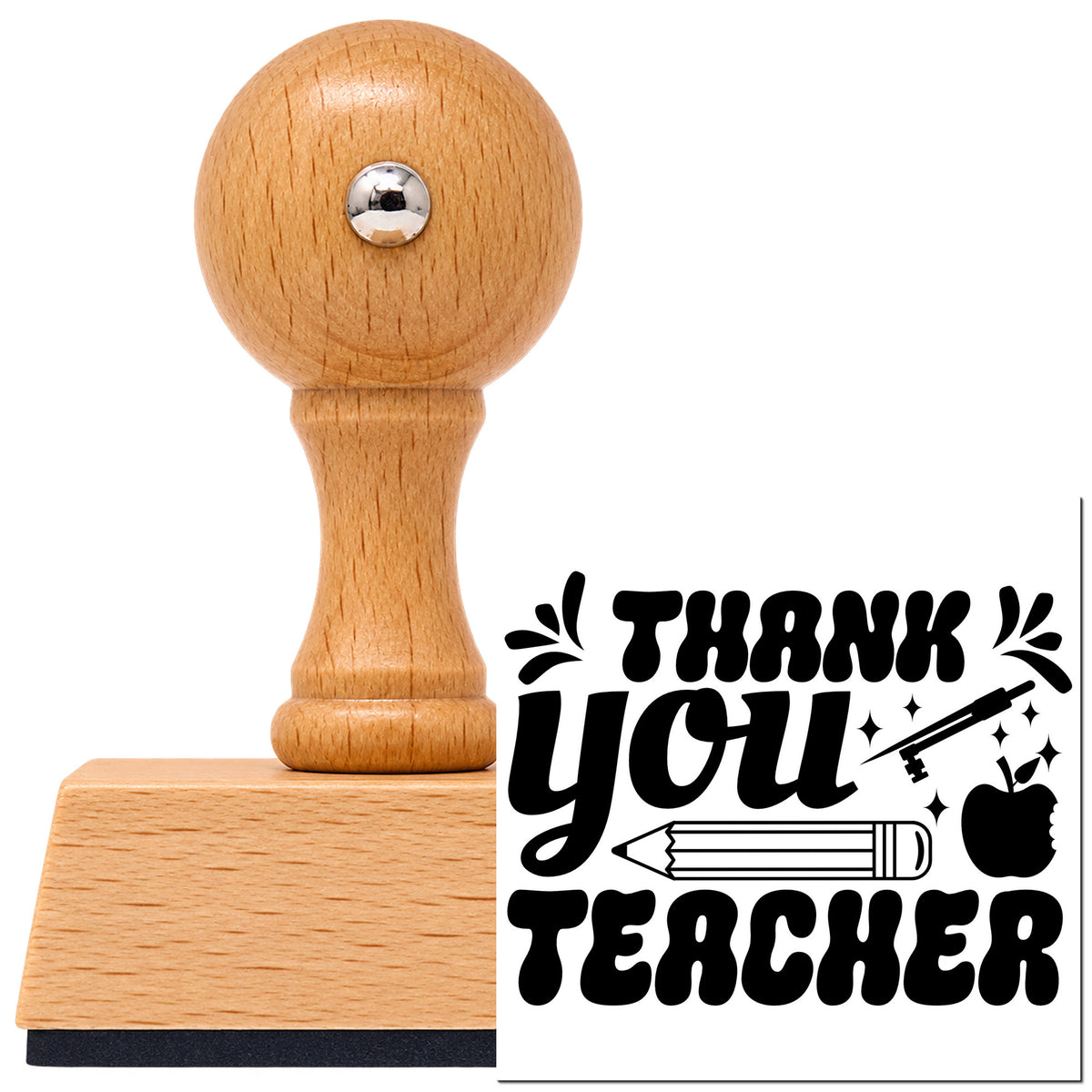 Vintage Pro beech wood stamp with a round knob handle, shown with its black Thank You Teacher Pencil imprint on white.