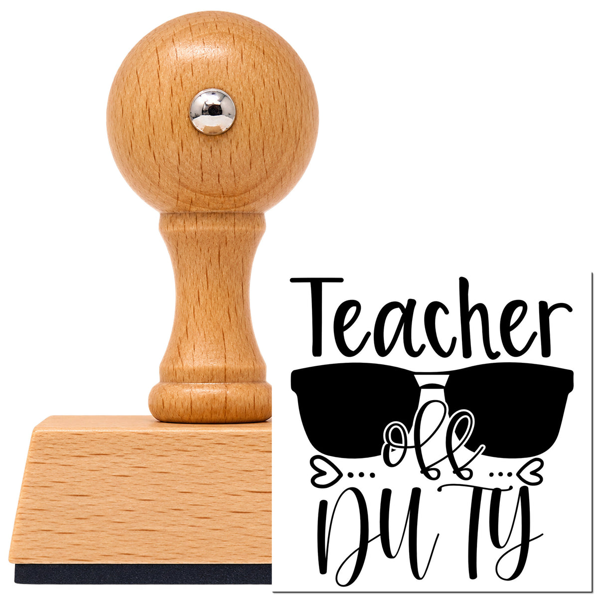 Vintage Pro beech wood stamp with a round knob handle, shown with its black Teacher Off Duty Sunglasses imprint on white.