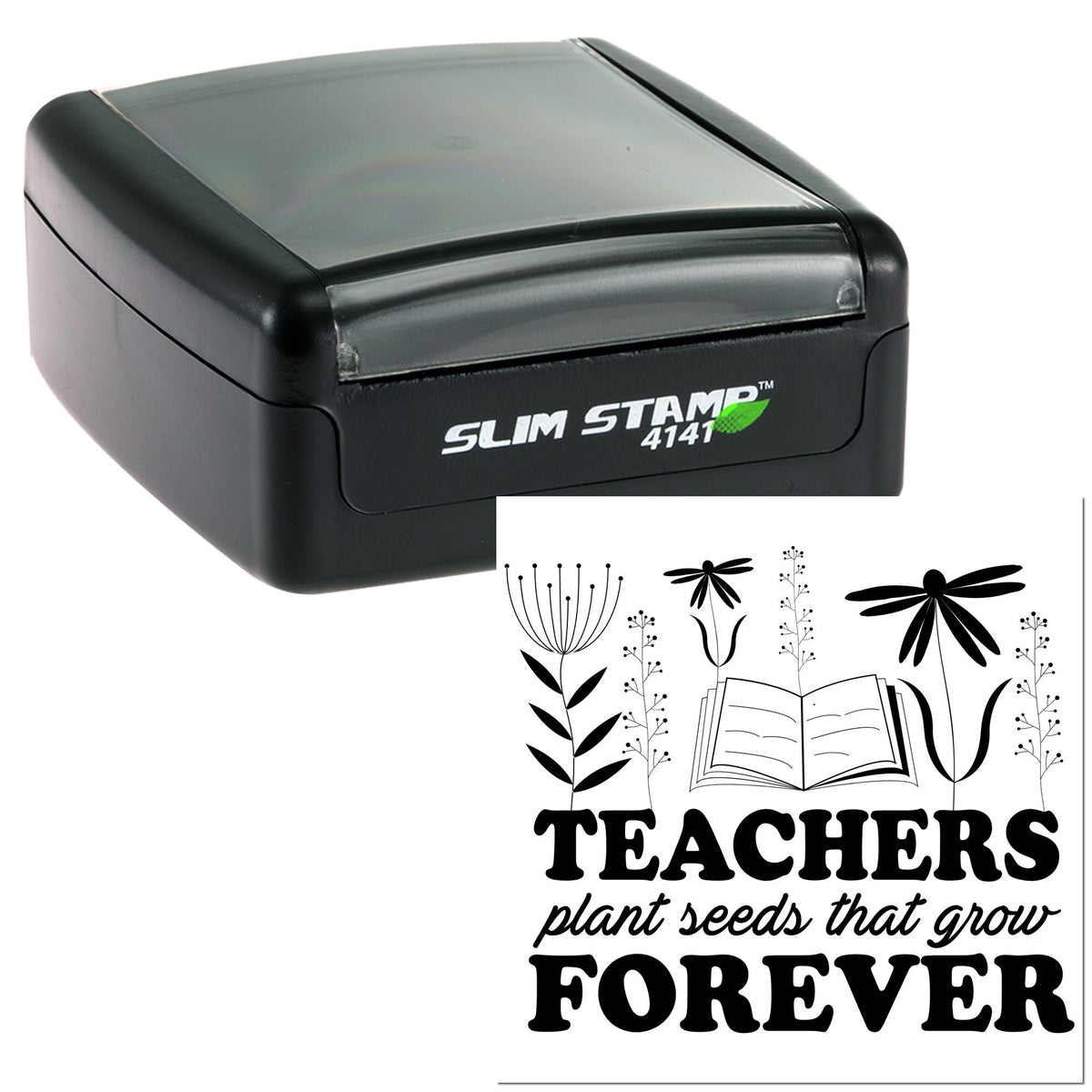 Black Trodat Slim Seeds of Learning Forever greeting card craft stamp showing the pre-inked stamp image for card making.