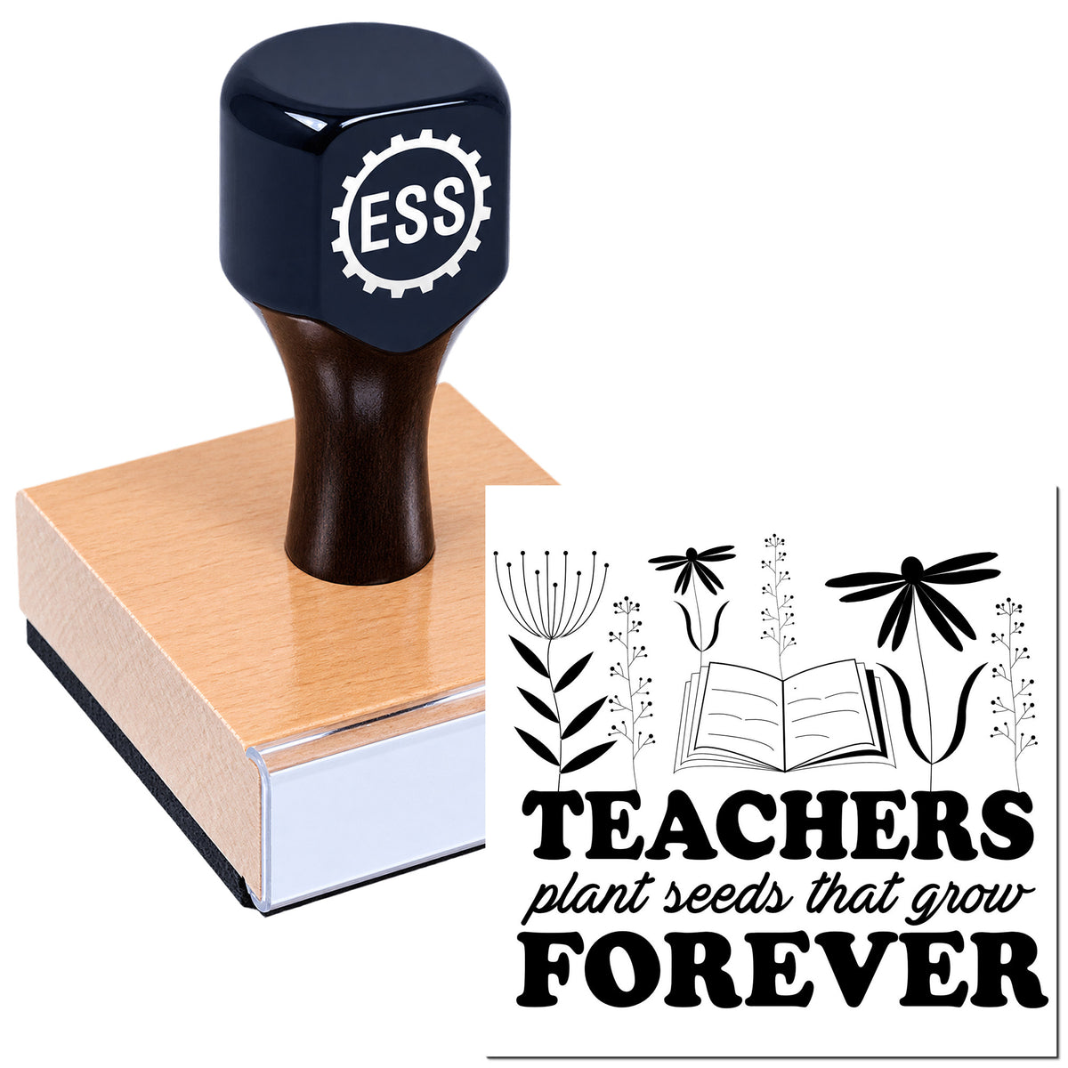Dark navy teacher rubber stamp on wooden block, with black floral seal reading "Teachers plant seeds that grow forever"