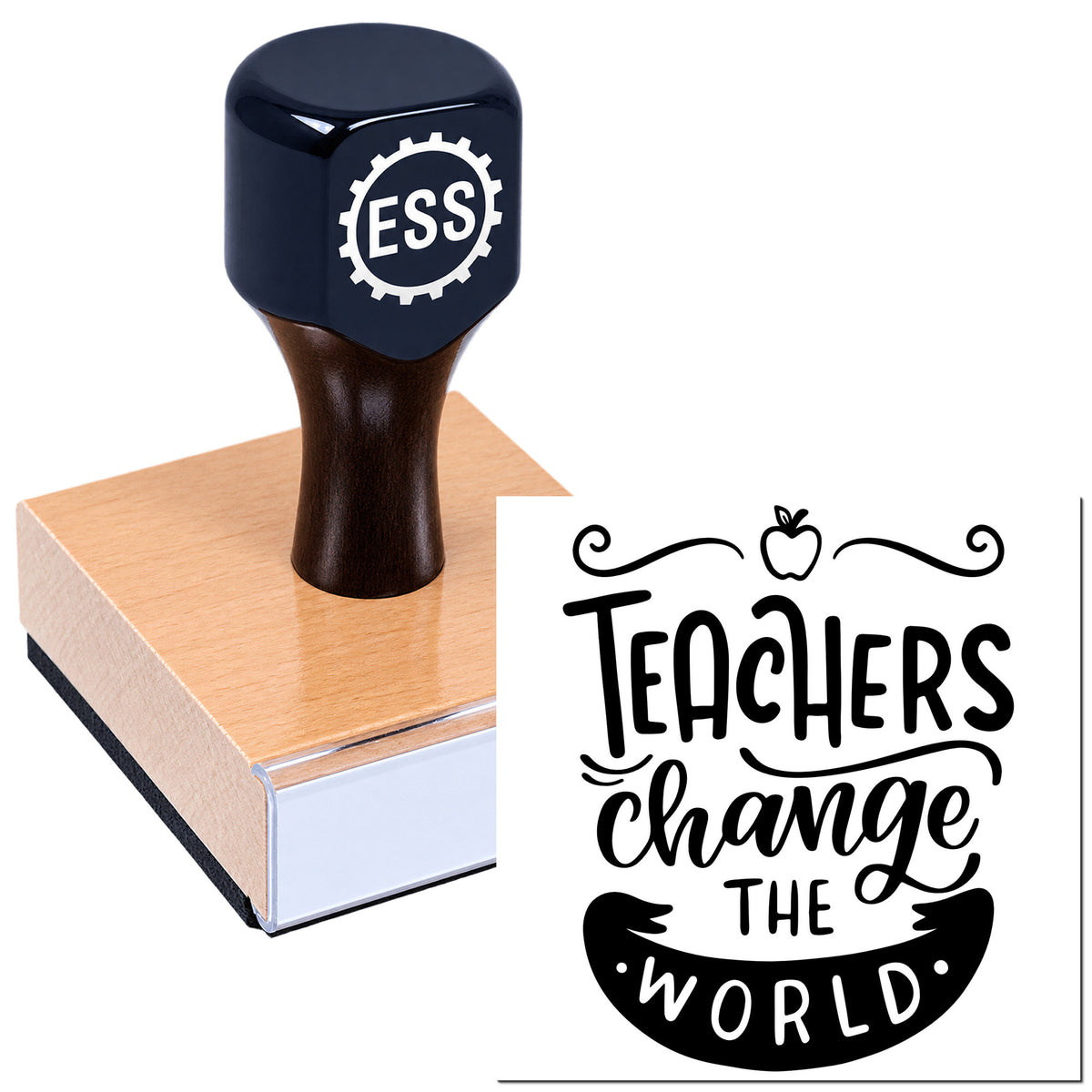 Dark navy ESS rubber stamp on a wooden block beside a black "Teachers change the world" seal design.