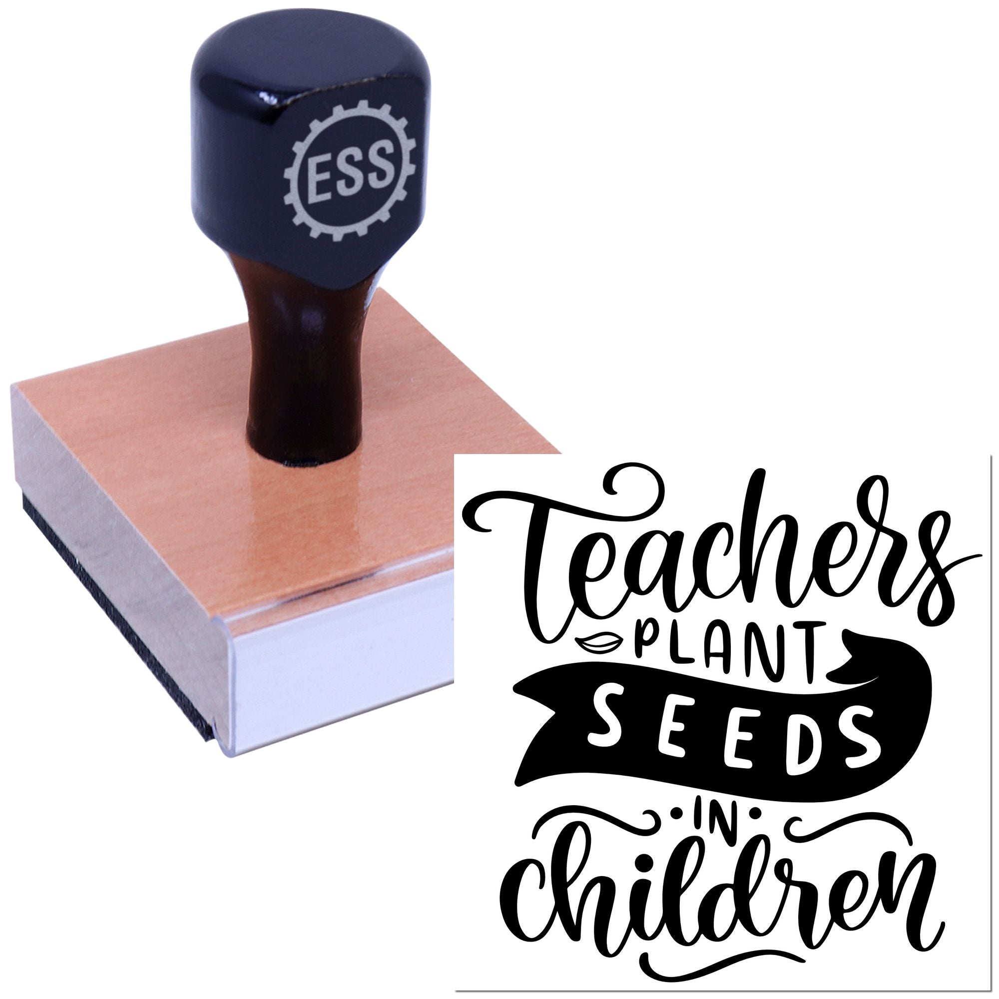 Dark blue rubber stamp and seal on peach block with Teachers plant seeds in children design.