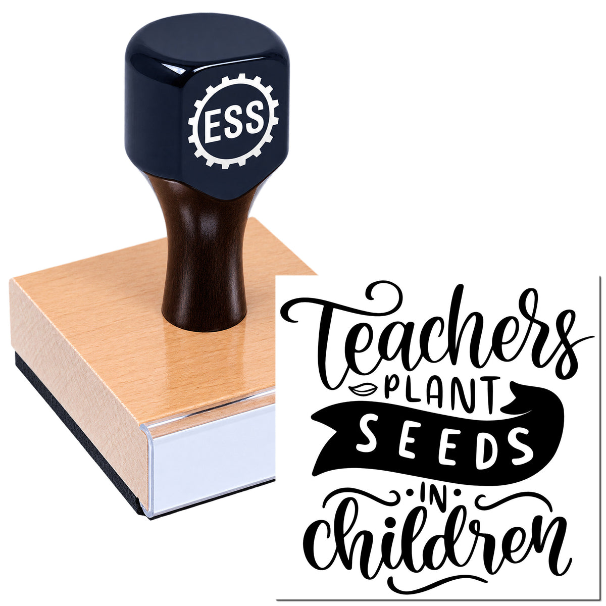 Dark blue rubber stamp and seal on peach block with "Teachers plant seeds in children" design.
