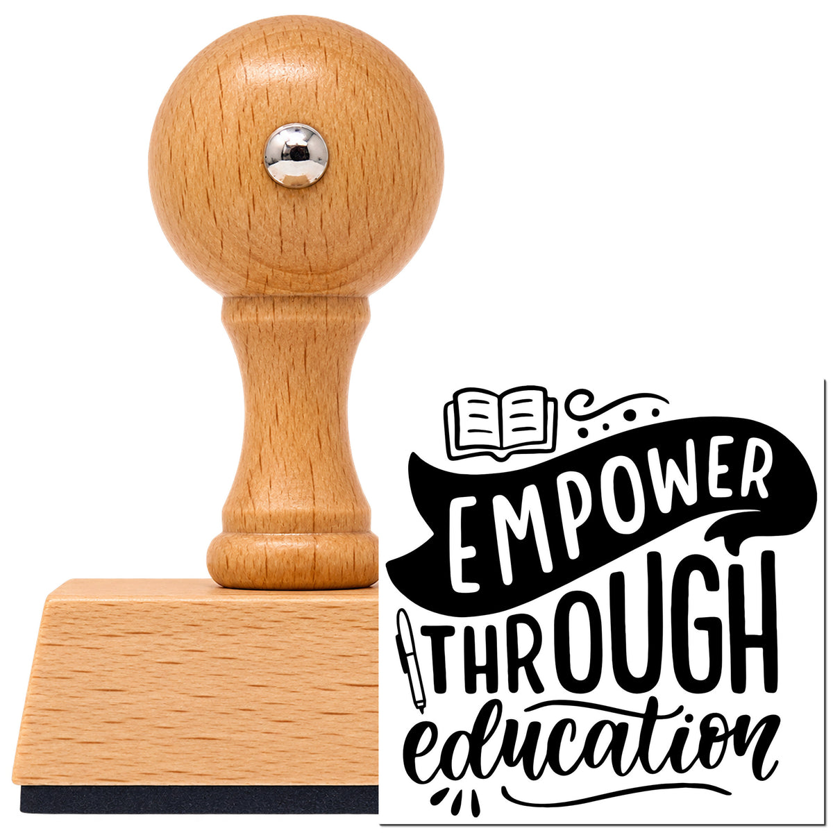 Vintage Pro beech wood stamp with a round knob handle, shown with its black Empower Through Education Pencil imprint on white.