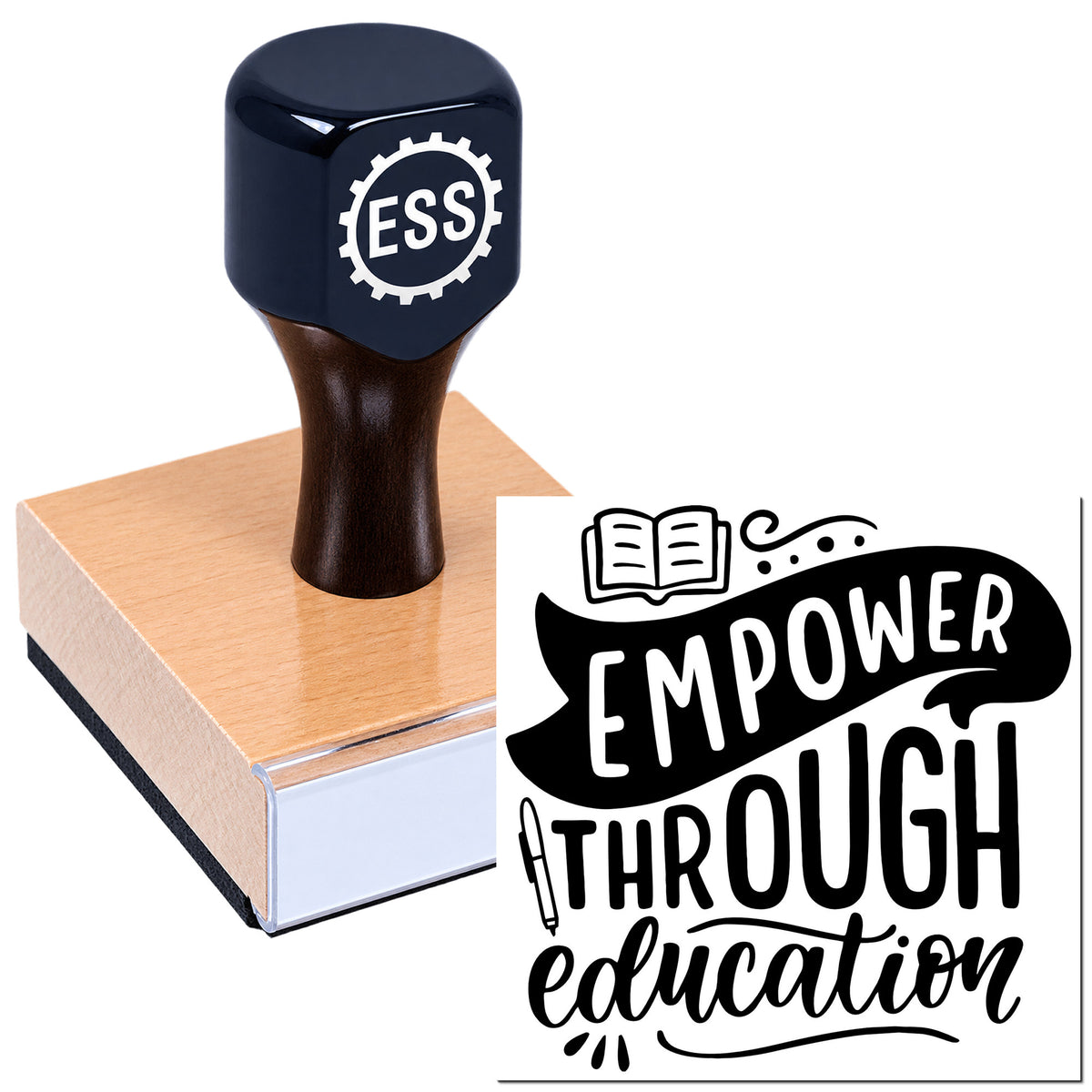 Dark blue ESS stamp mounted on a wooden seal block beside a black-and-white "Empower Through Education" seal.