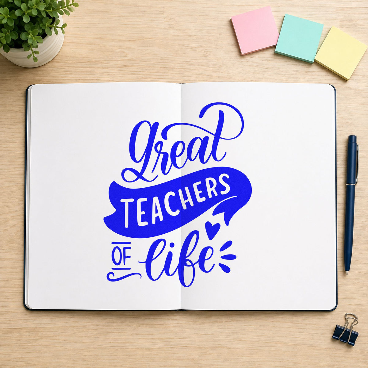 Great Teachers Of Life craft stamp in blue ink on cardstock, an easy option for volunteer cap panels.
