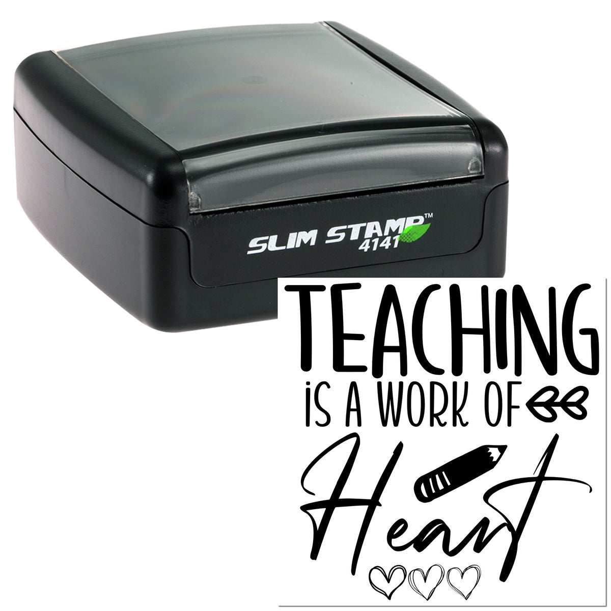 Black self-inking slim stamp seal with white Teaching is a Work of Heart text and heart motifs
