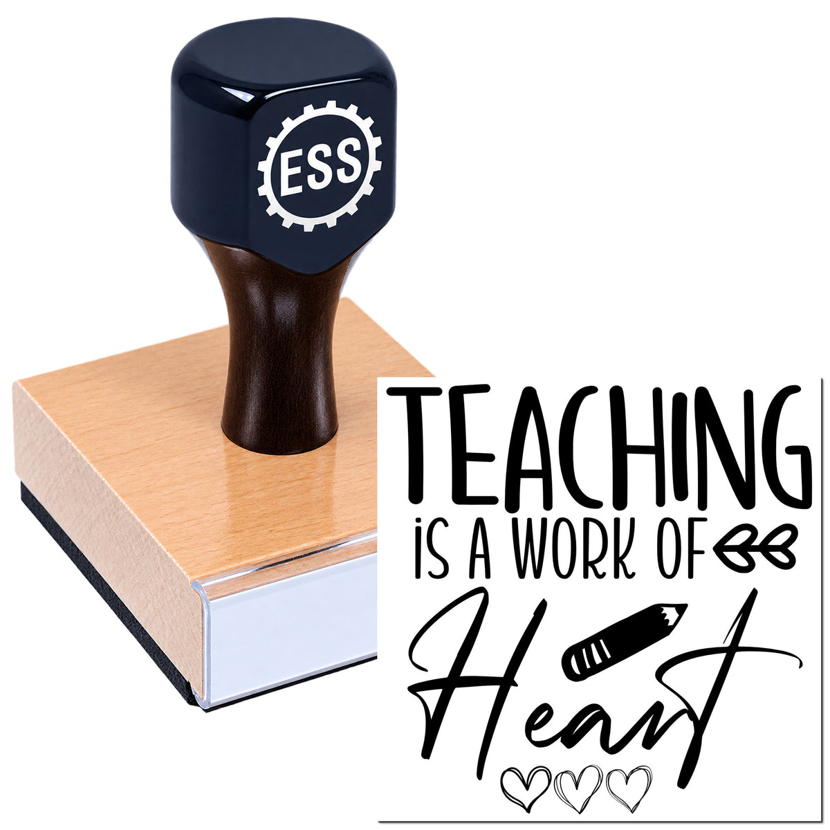 Black ESS custom stamp on a pink book block, beside "Teaching is a work of Heart" text and heart icons.