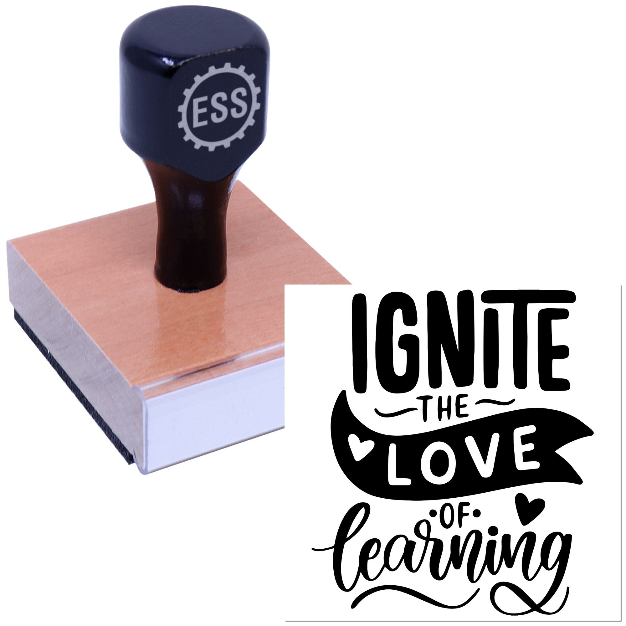 Dark blue ESSI stamp on a pink rubber block beside a black Ignite the Love of learning seal design.