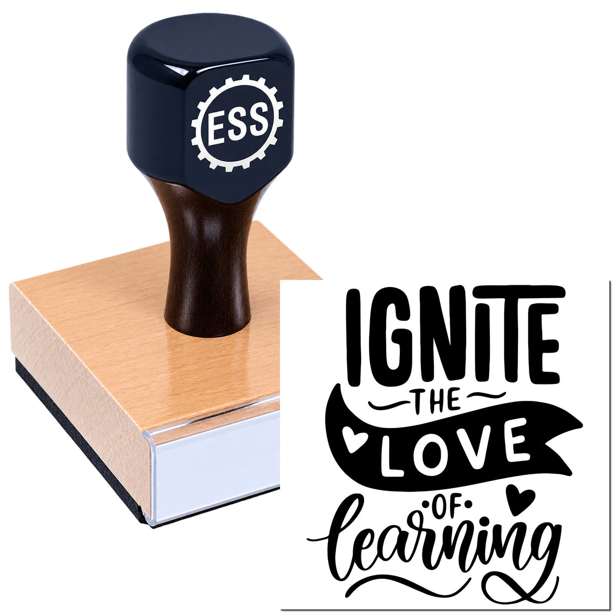 Dark blue ESSI stamp on a pink rubber block beside a black "Ignite the Love of learning" seal design.