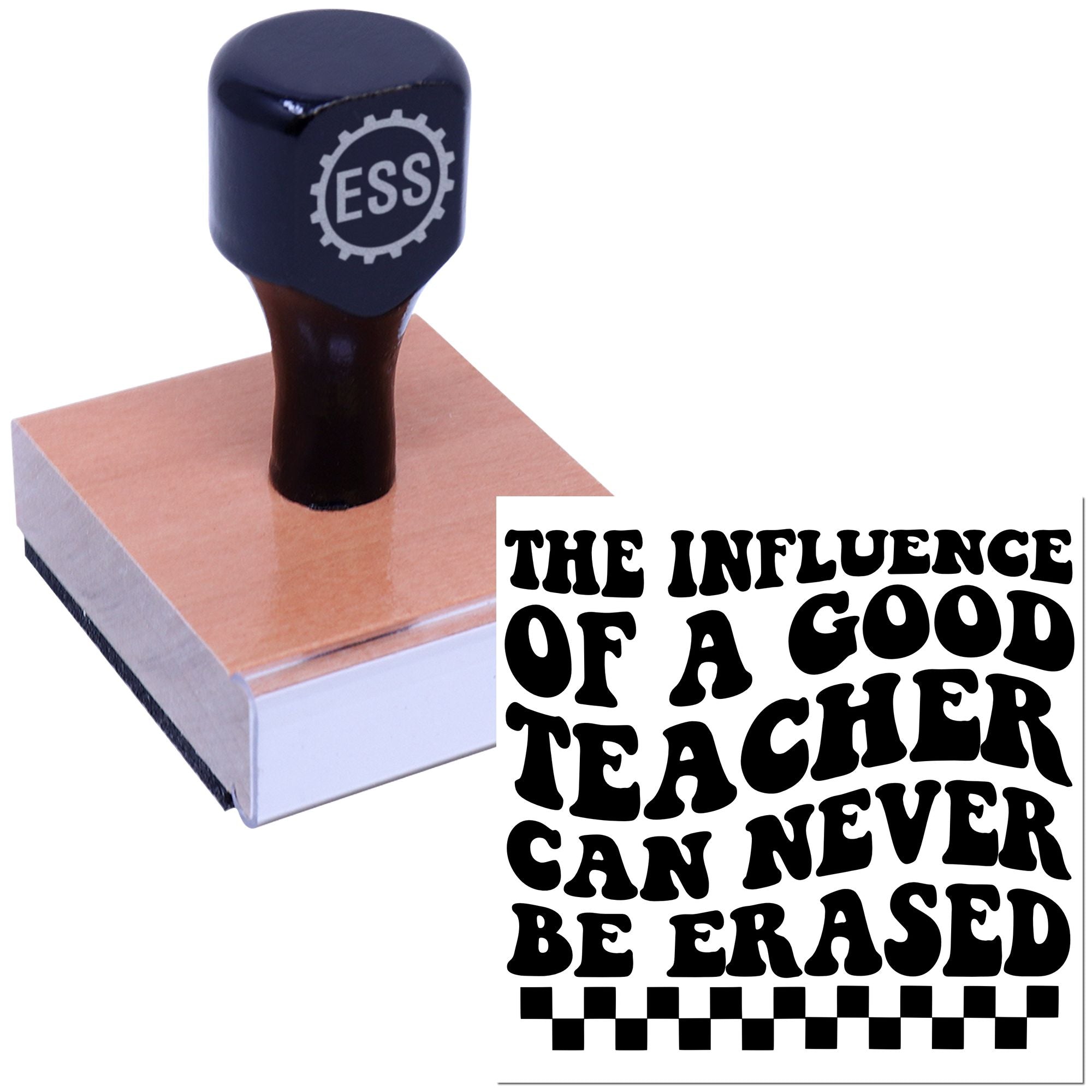 Black ESS rubber stamp on a pink seal block, with bold black motivational text and checkerboard border.