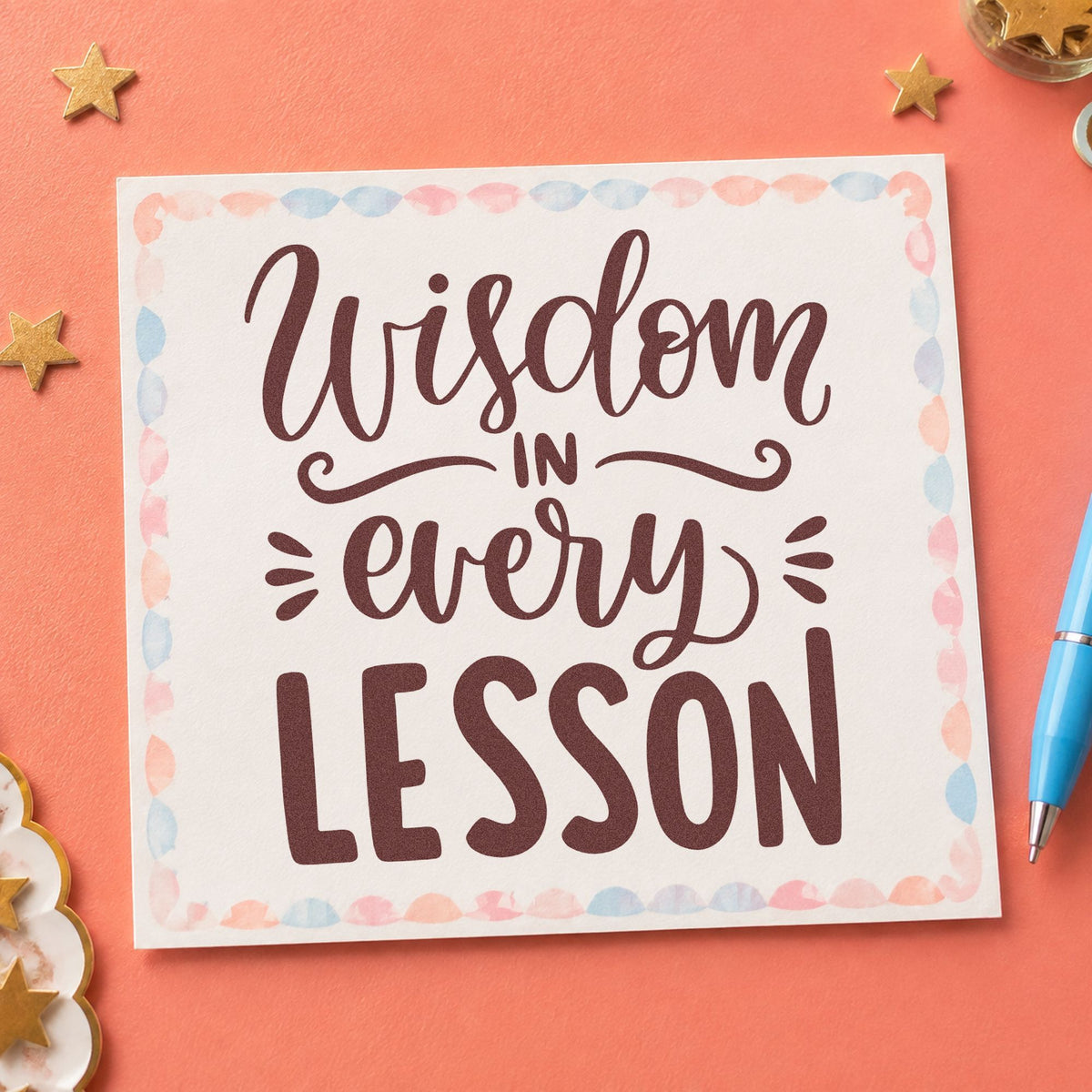 Wisdom In Every Lesson rubber stamp printed in brown ink, ready for resource tub labels and similar paper crafts.