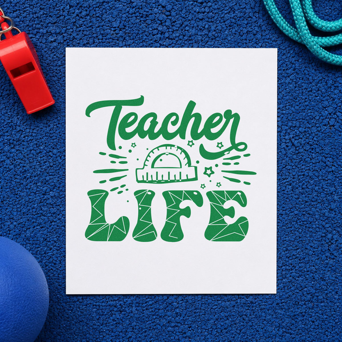 Teacher Life Geometry Pattern craft stamp imprint in green ink on a handmade project, one idea being framed angle wall.