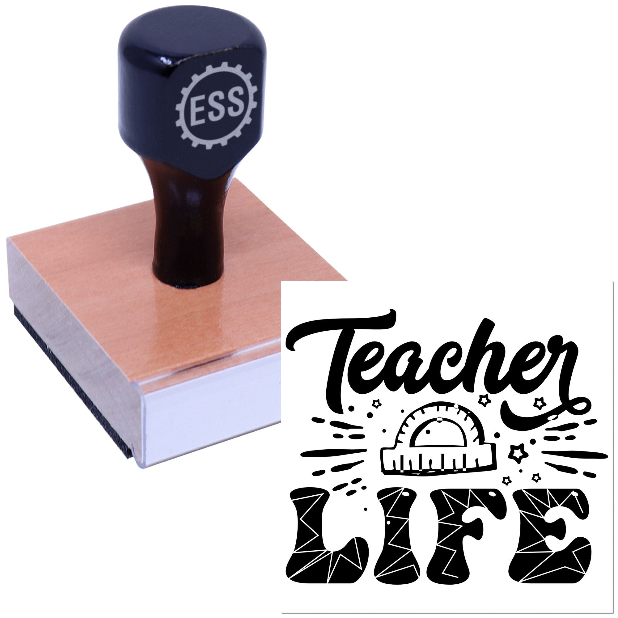 Navy ESS rubber stamp on a wooden block with black Teacher Life seal design and ruler icon.