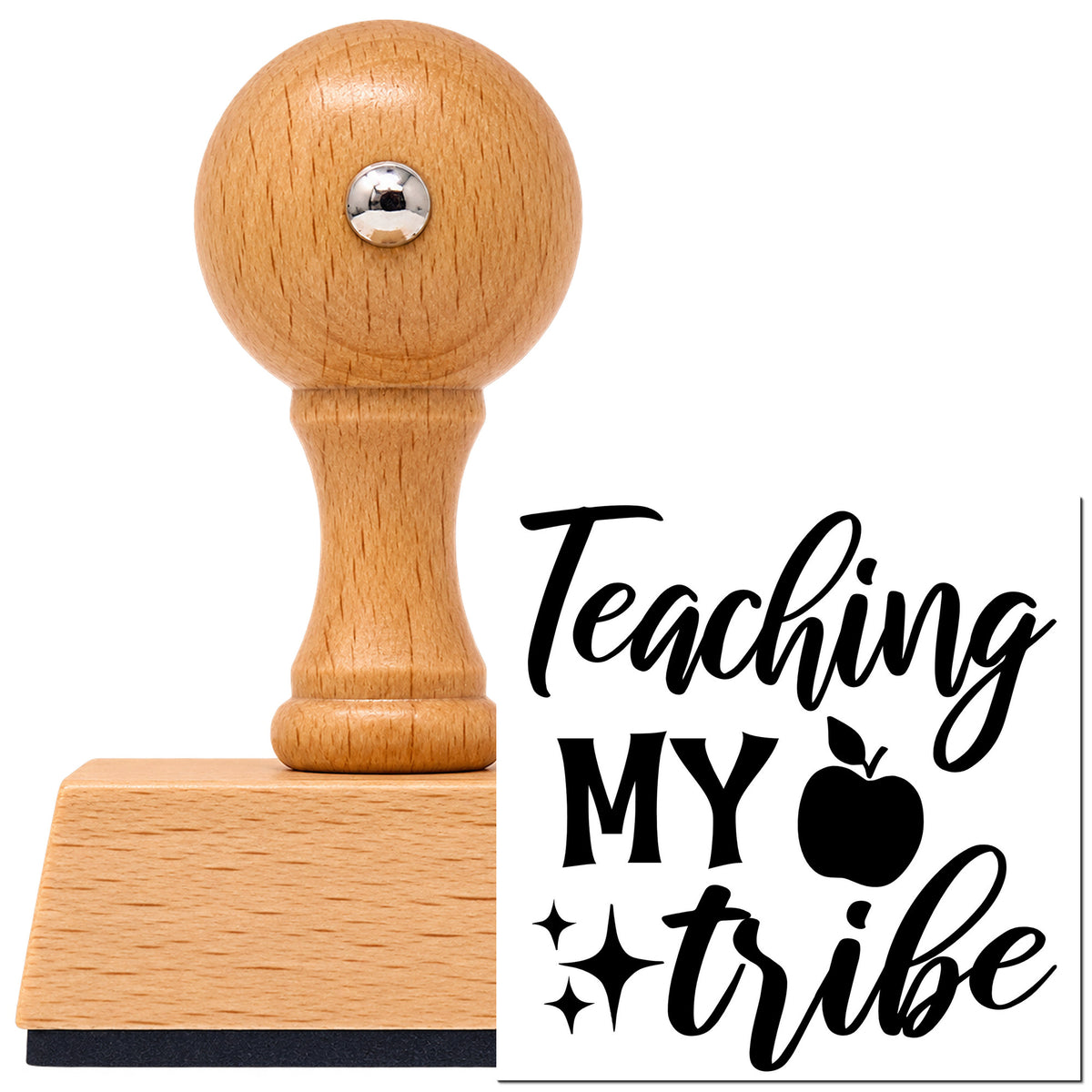 Vintage Pro beech wood stamp with a round knob handle, shown with its black Teaching My Tribe Apple With Sparkles imprint on white.