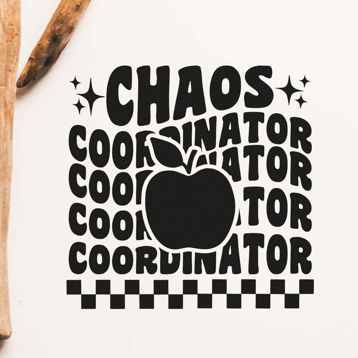 Chaos Coordinator Apple Repeat Stamp – Slim Pre-Inked imprint stamped in black ink. Repeated “Coordinator” lettering sits below “Chaos,” behind an apple and above a checkerboard border.
