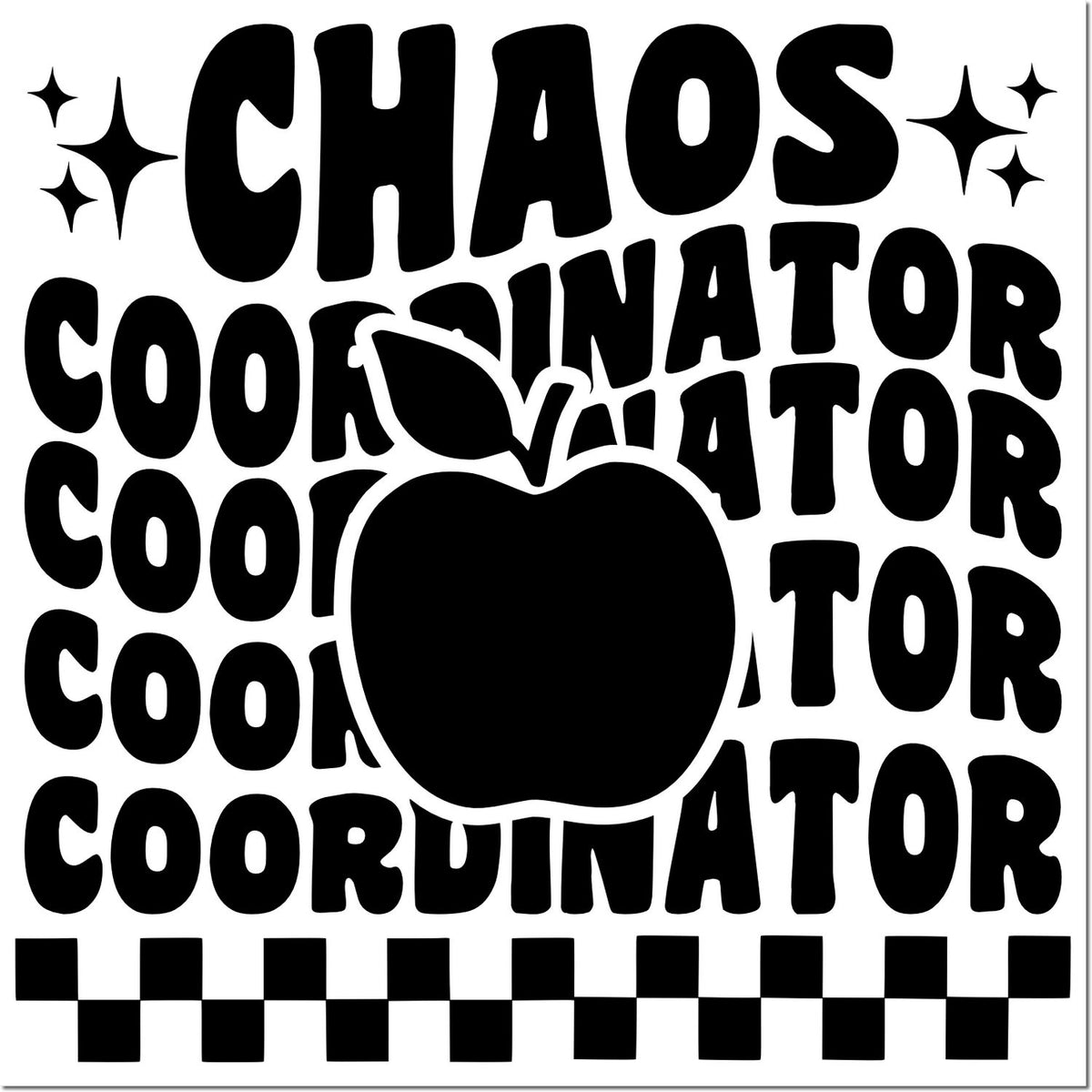 Bold black Chaos Coordinator apple stamp and seal design with sparkles and checkerboard border on white.