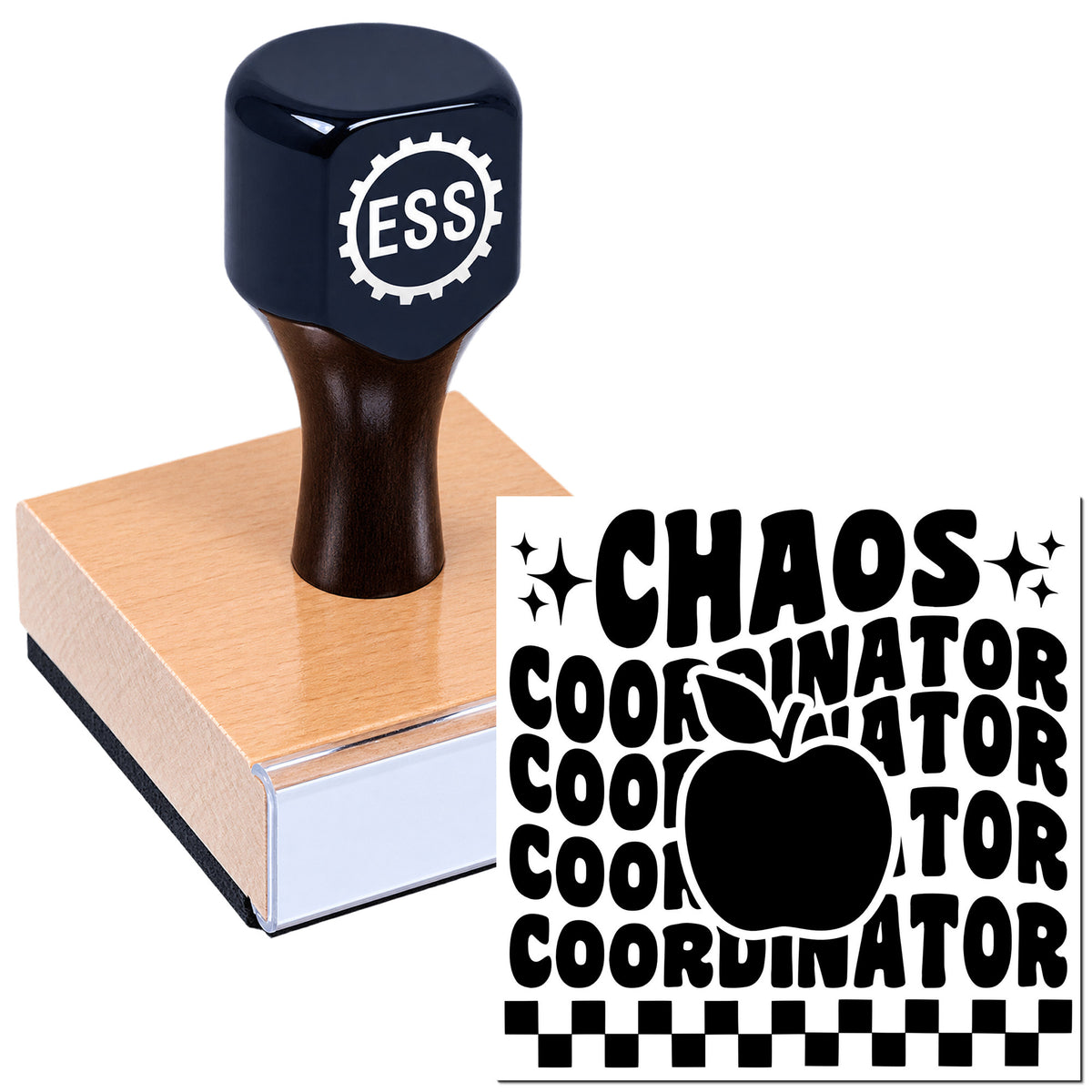 Black ESS rubber stamp and seal on a pink wooden block, beside bold black "Chaos Coordinator" print.