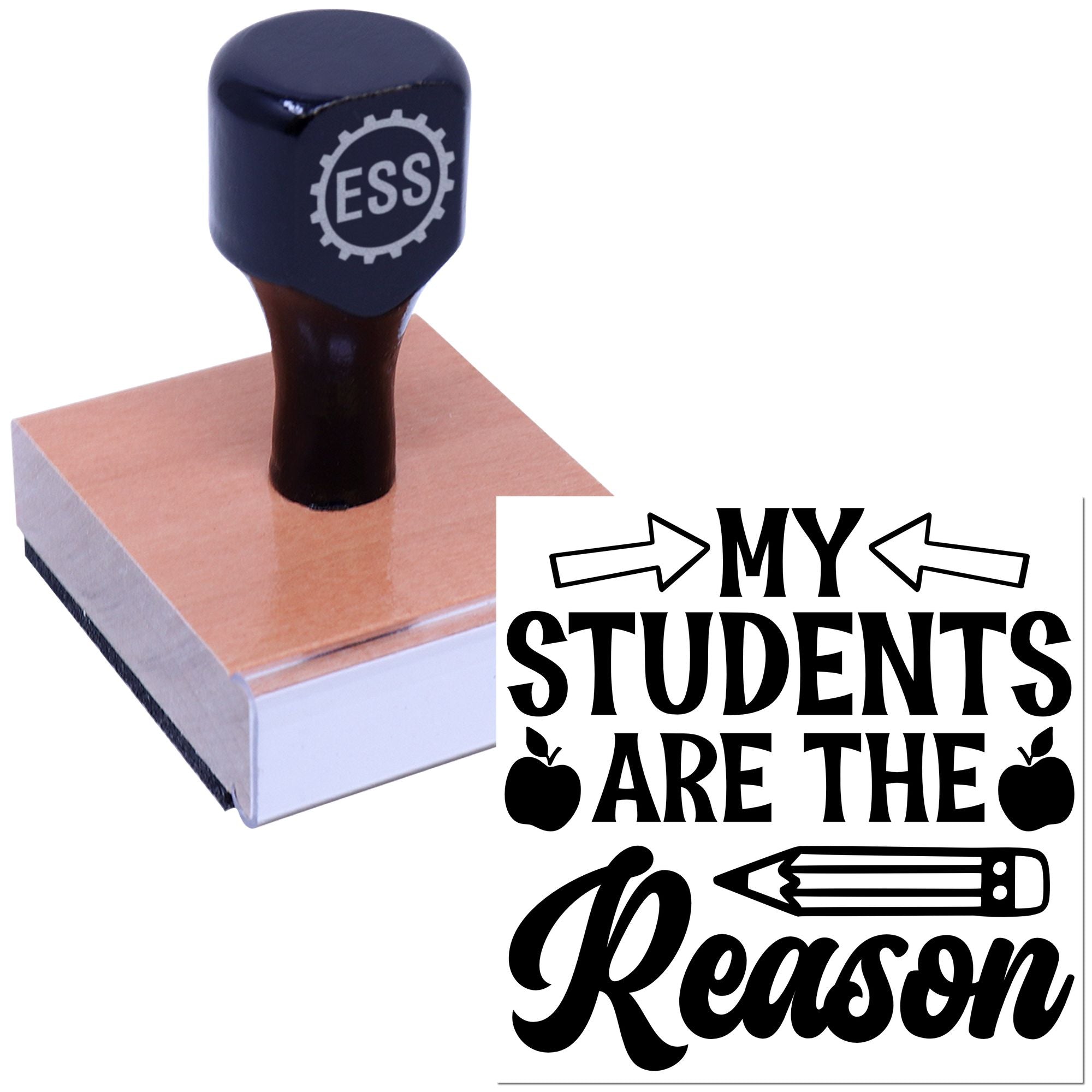 Dark blue ESS rubber stamp on wood block, paired with black seal reading My Students Are the Reason with apple and pencil icons.