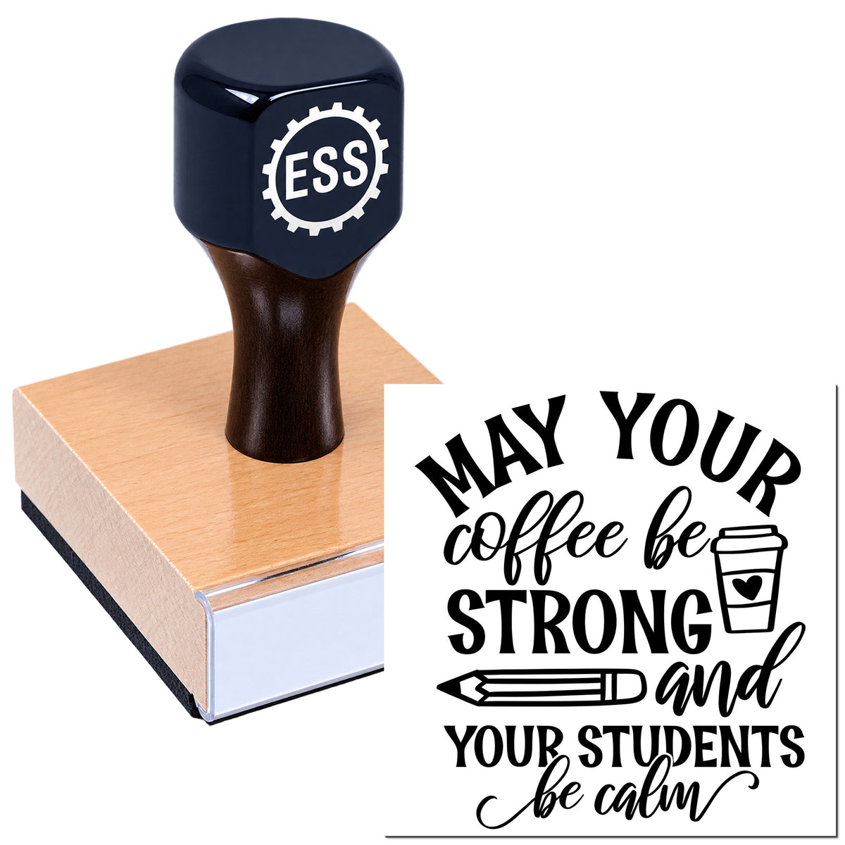 Navy ESS rubber stamp on wood block beside black teacher quote seal with coffee cup and pencil icons.