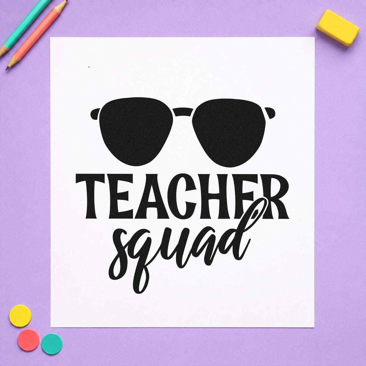 Teacher Squad Dark Sunglasses rubber stamp printed in black ink, ready for dark sunglasses cards and similar paper crafts.