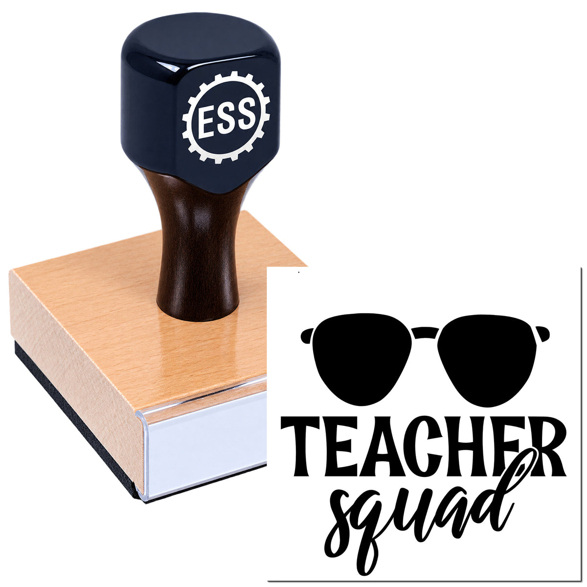 Black ESS rubber stamp on pink seal block beside Teacher Squad logo with sunglasses icon
