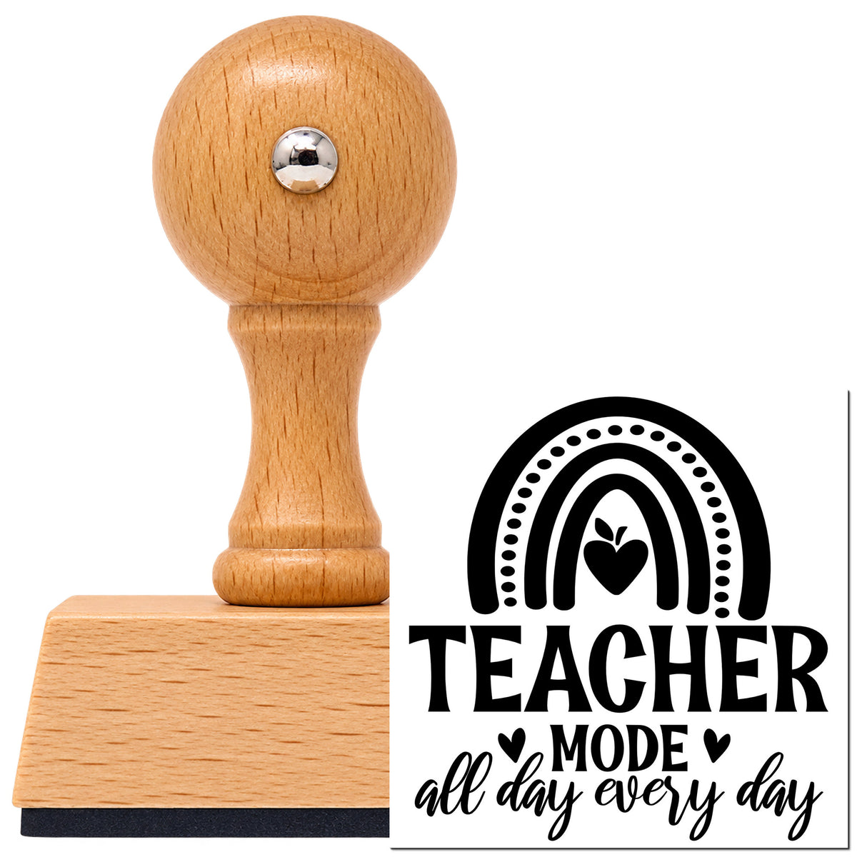 Vintage Pro beech wood stamp with a round knob handle, shown with its black Teacher Mode Rainbow Apple imprint on white.