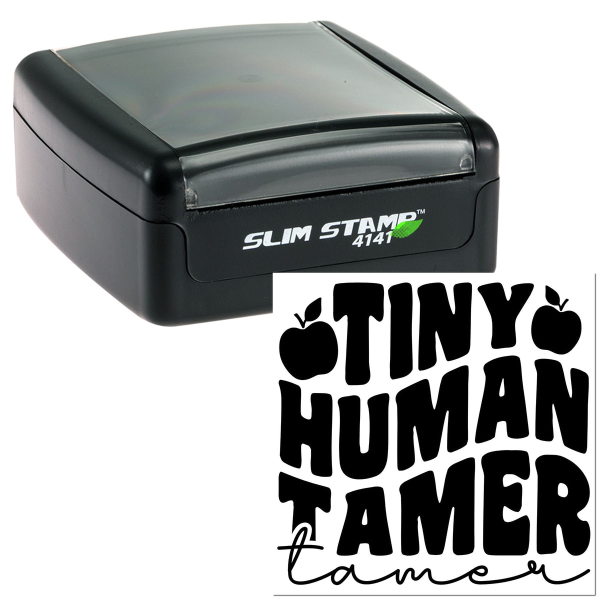 Black Slim Stamp self-inking stamp and seal with Tiny Human Tamer logo and apple icons on white background