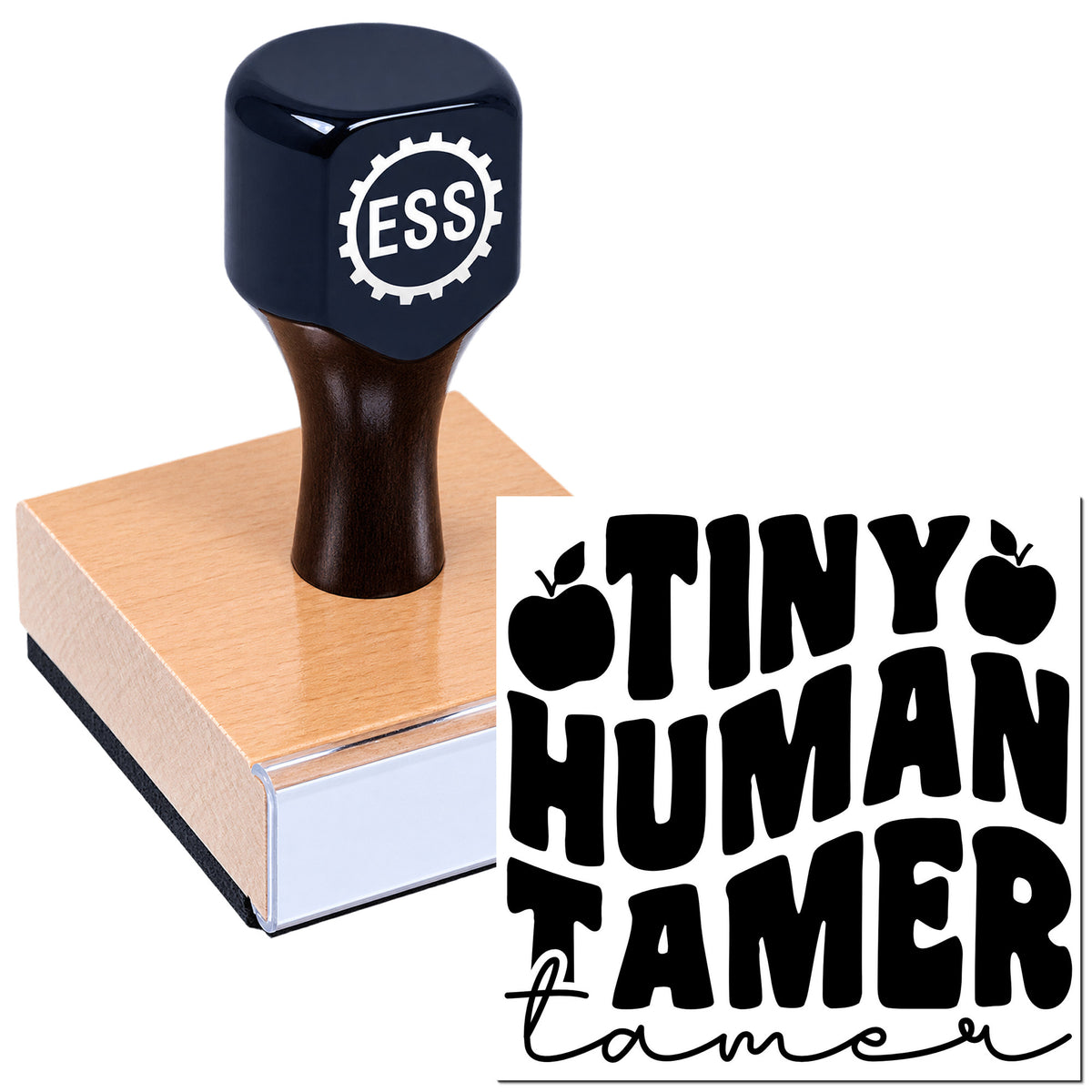 Black ESS custom stamp pressed into a pink seal block, with Tiny Human Tamer logo and apple icons.
