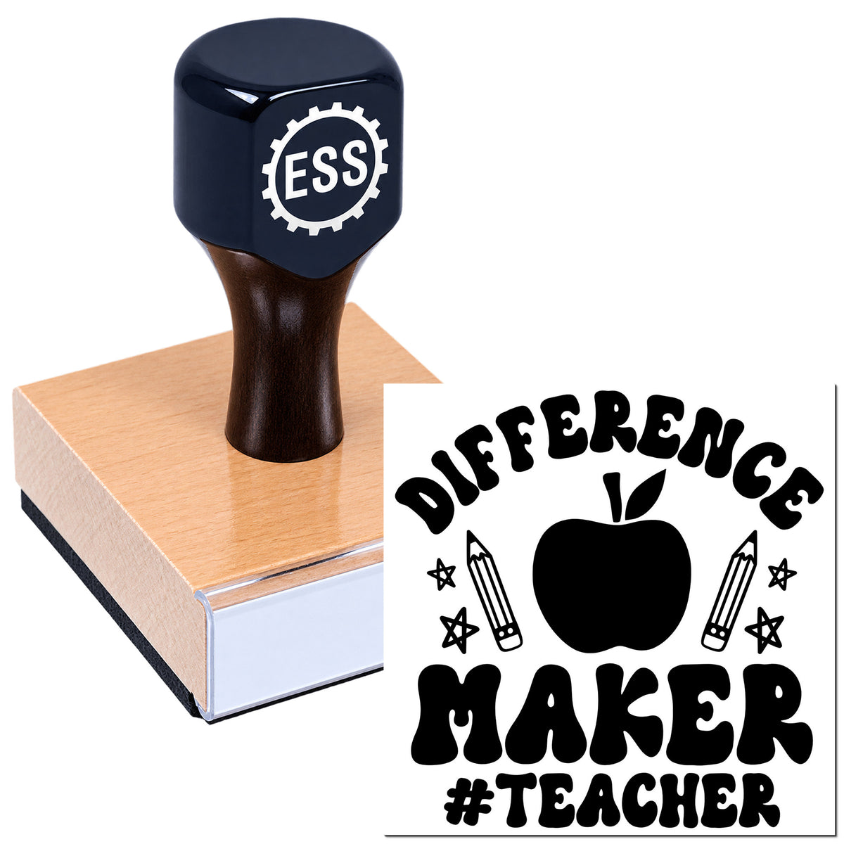 Dark navy self-inking stamp and seal block with "Different Maker #Teacher" apple design on white background