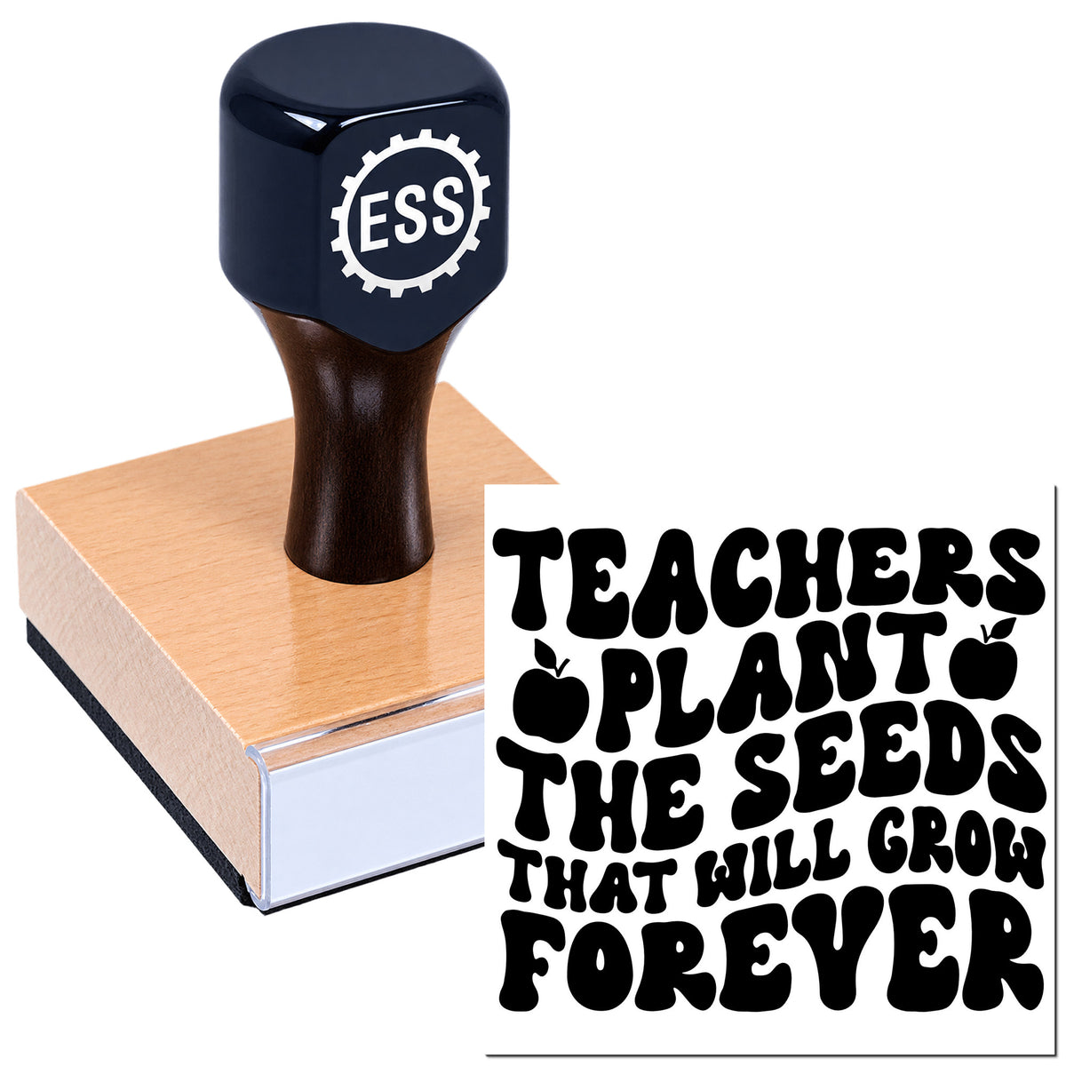 Navy ESS self-inking stamp and seal on copper-toned base with black Teachers Plant Seeds That Will Grow Forever design.