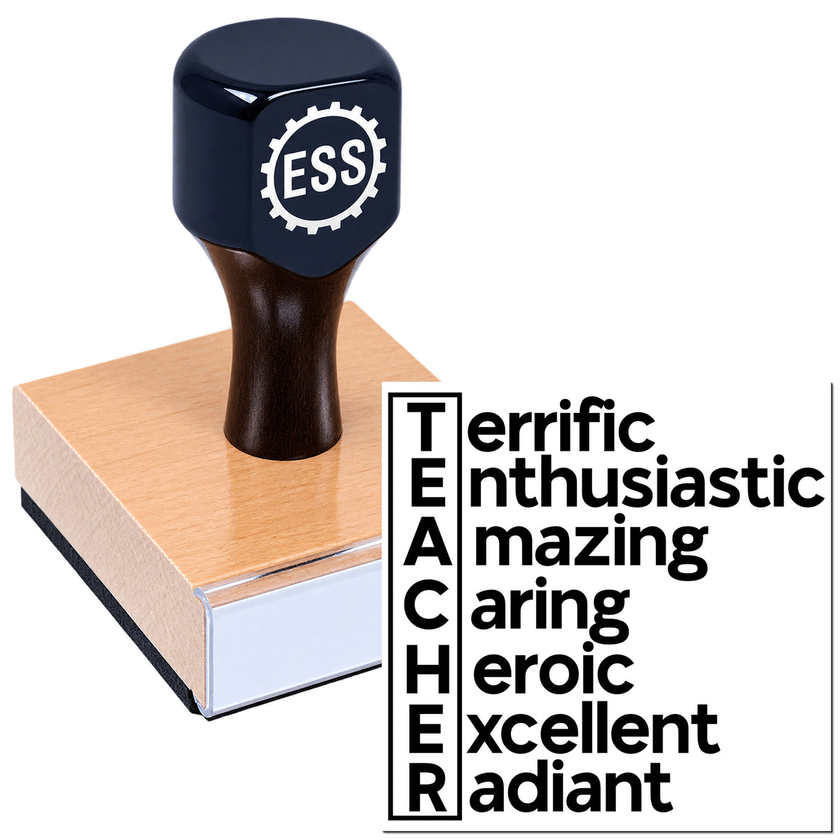 Dark blue ESS rubber stamp on a pink wooden block, beside bold black "Teacher" praise words for stamp and seal products.