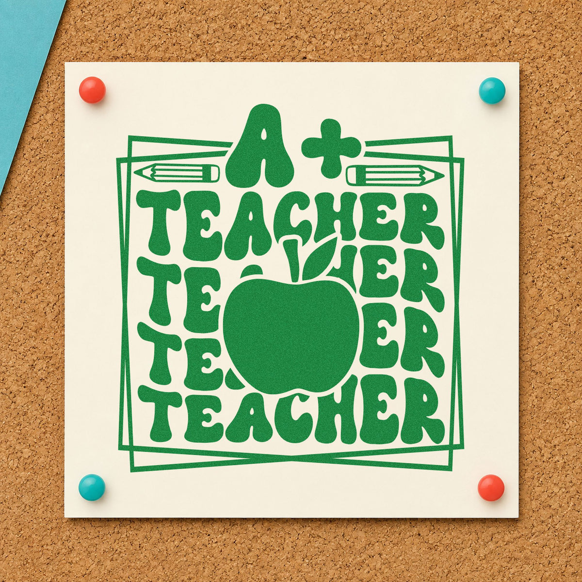 A Plus Teacher Repeated Frame craft stamp imprint in green ink on a handmade project, one idea being mark scheme pages.