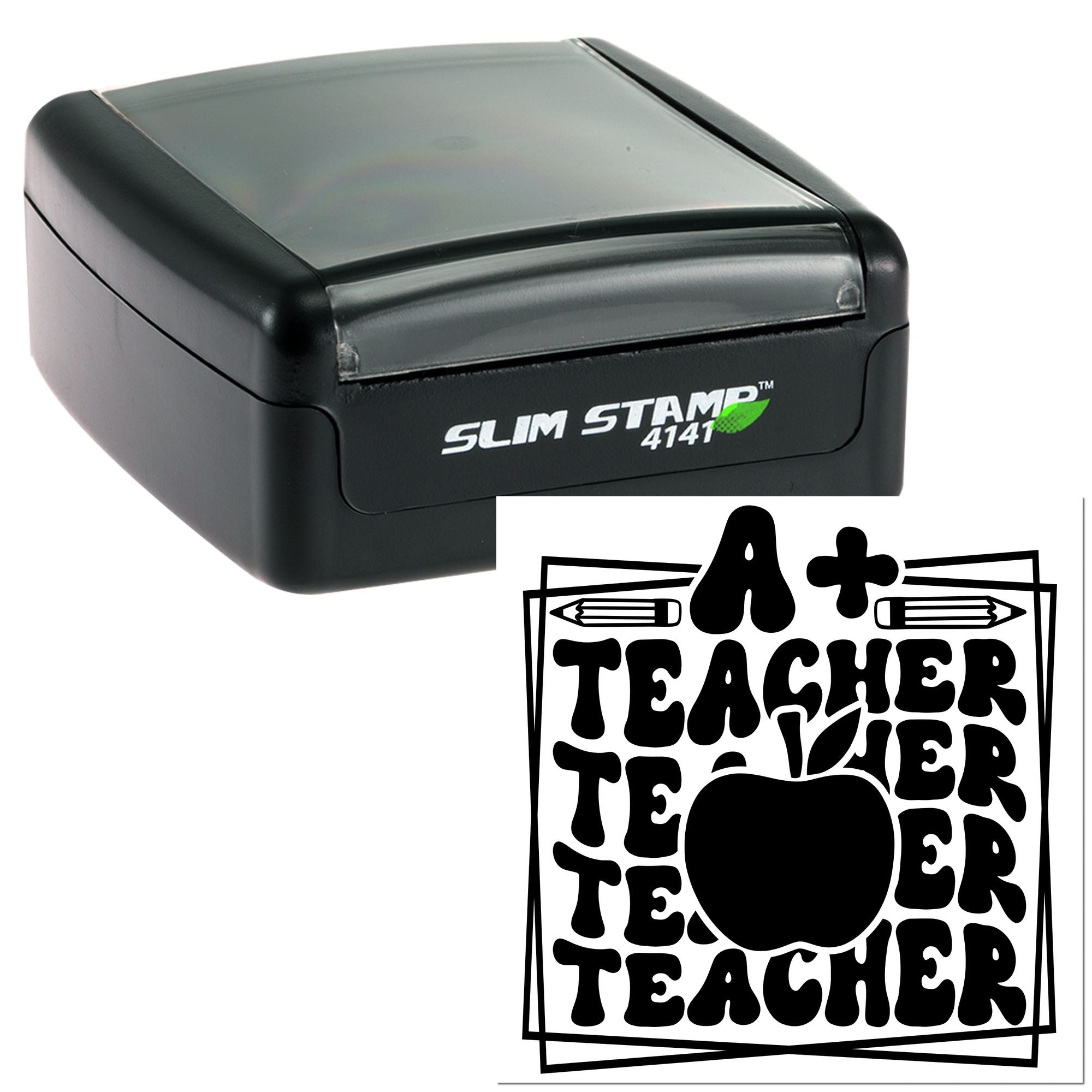 Black Slim Stamp 4141 self-inking teacher seal with apple and pencils