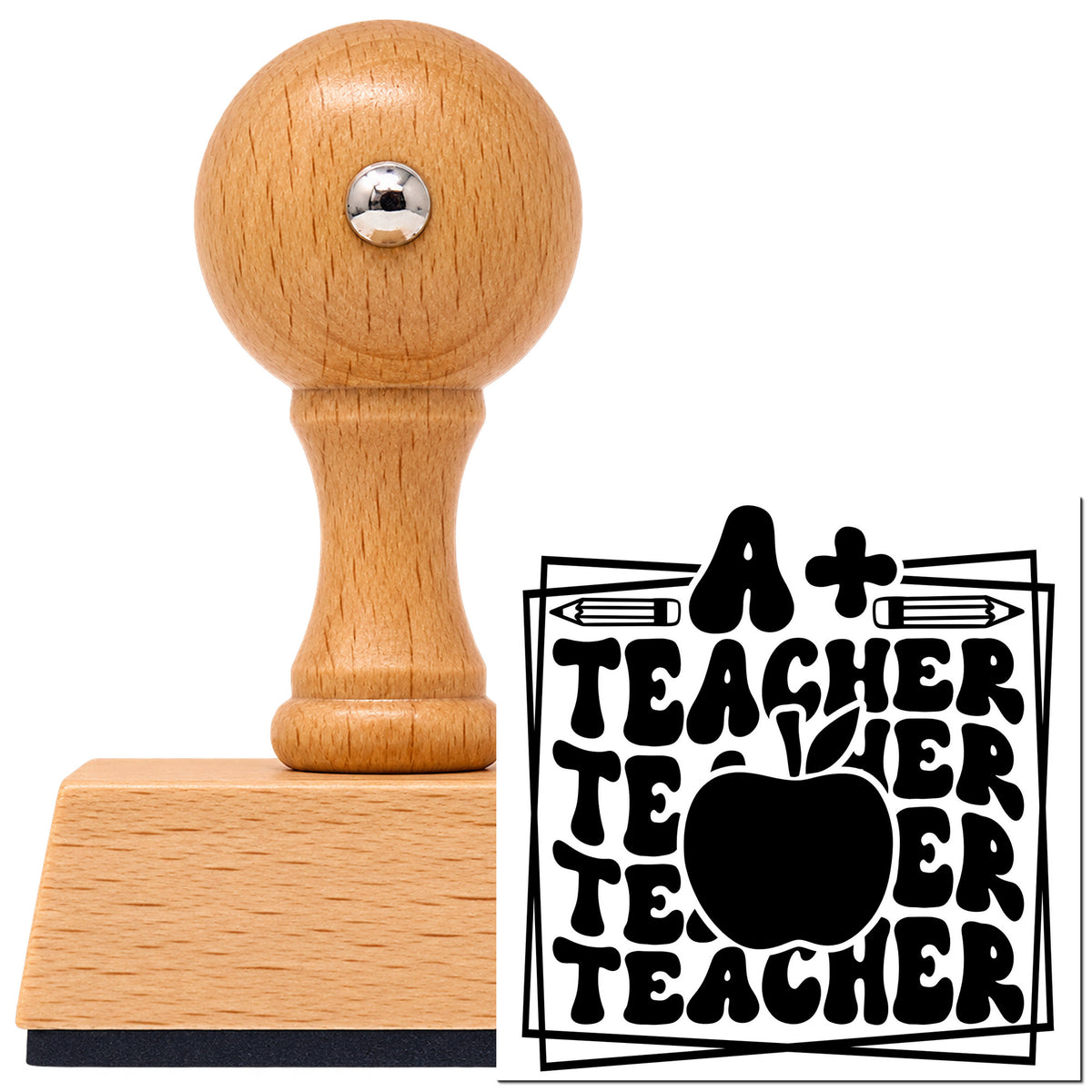 Vintage Pro beech wood stamp with a round knob handle, shown with its black A Plus Teacher Repeated Frame imprint on white.