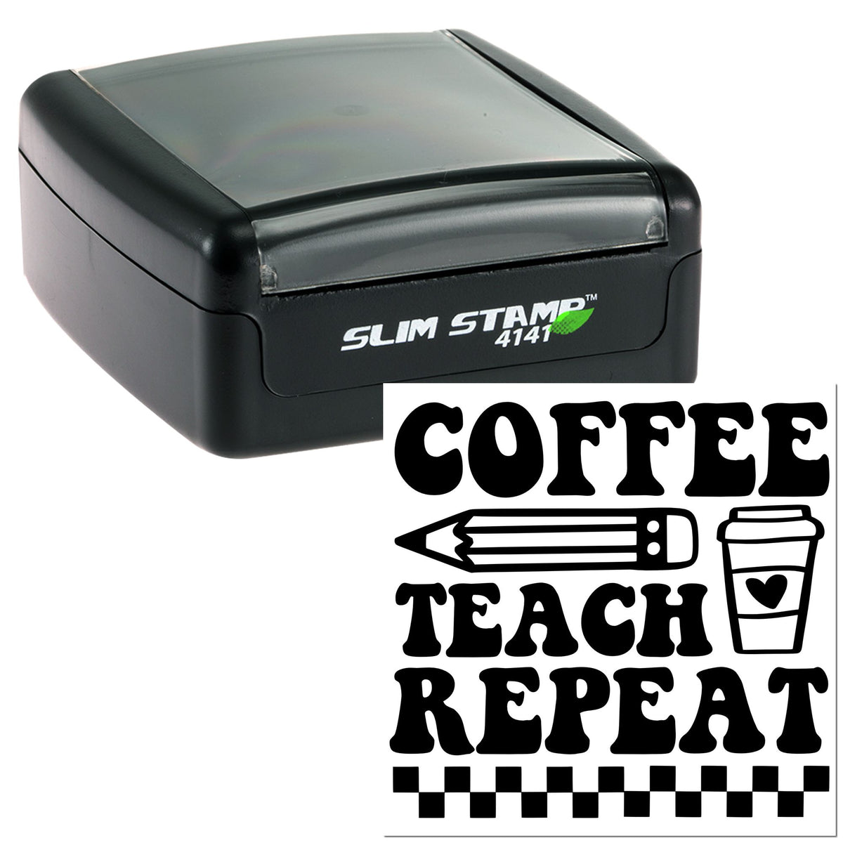 Black self-inking stamp and seal with coffee teach repeat design, pencil and cup graphic on white background.
