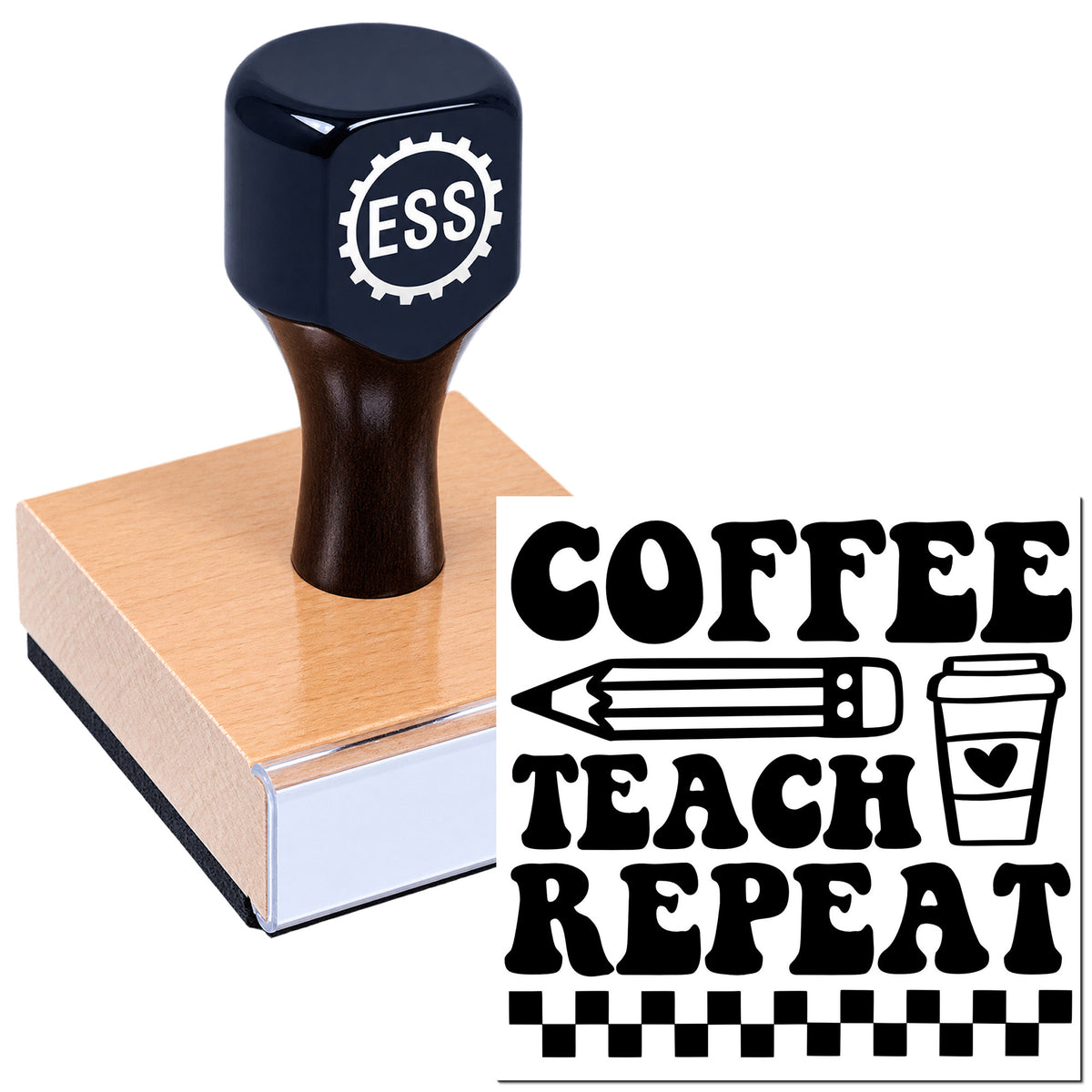 Dark navy stamp and seal product with coffee-themed logo, shown on a pink block against a white background