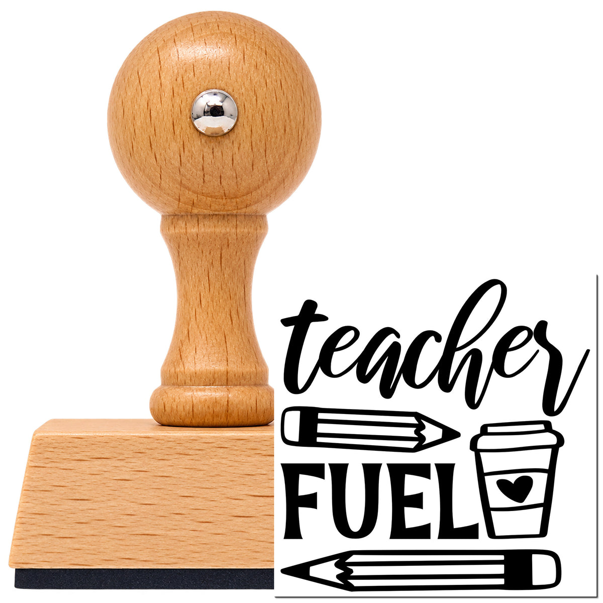 Vintage Pro beech wood stamp with a round knob handle, shown with its black Teacher Fuel Coffee Pencils With Hearts imprint on white.