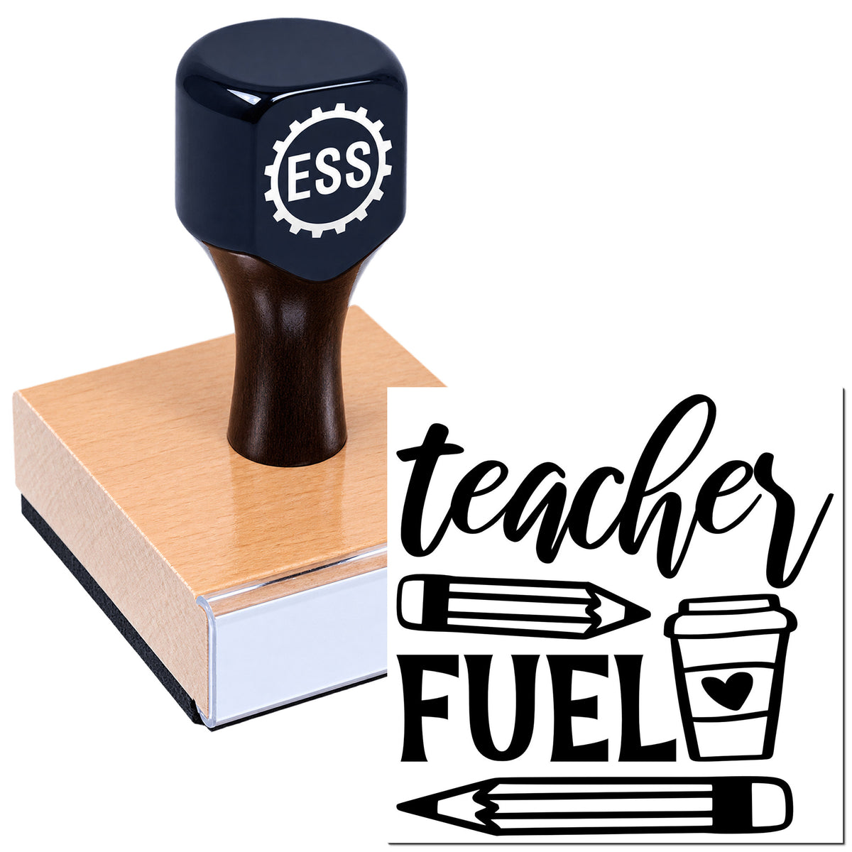 Black ESS rubber stamp on a peach seal block with "teacher fuel," pencil, and coffee cup icons.
