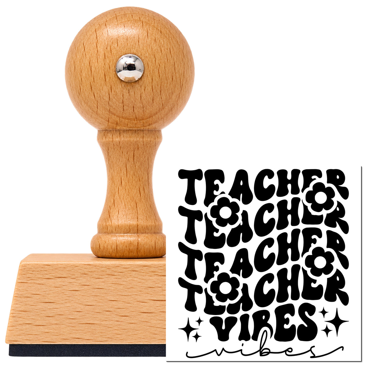 Vintage Pro beech wood stamp with a round knob handle, shown with its black Teacher Vibes Repeated Flowers imprint on white.
