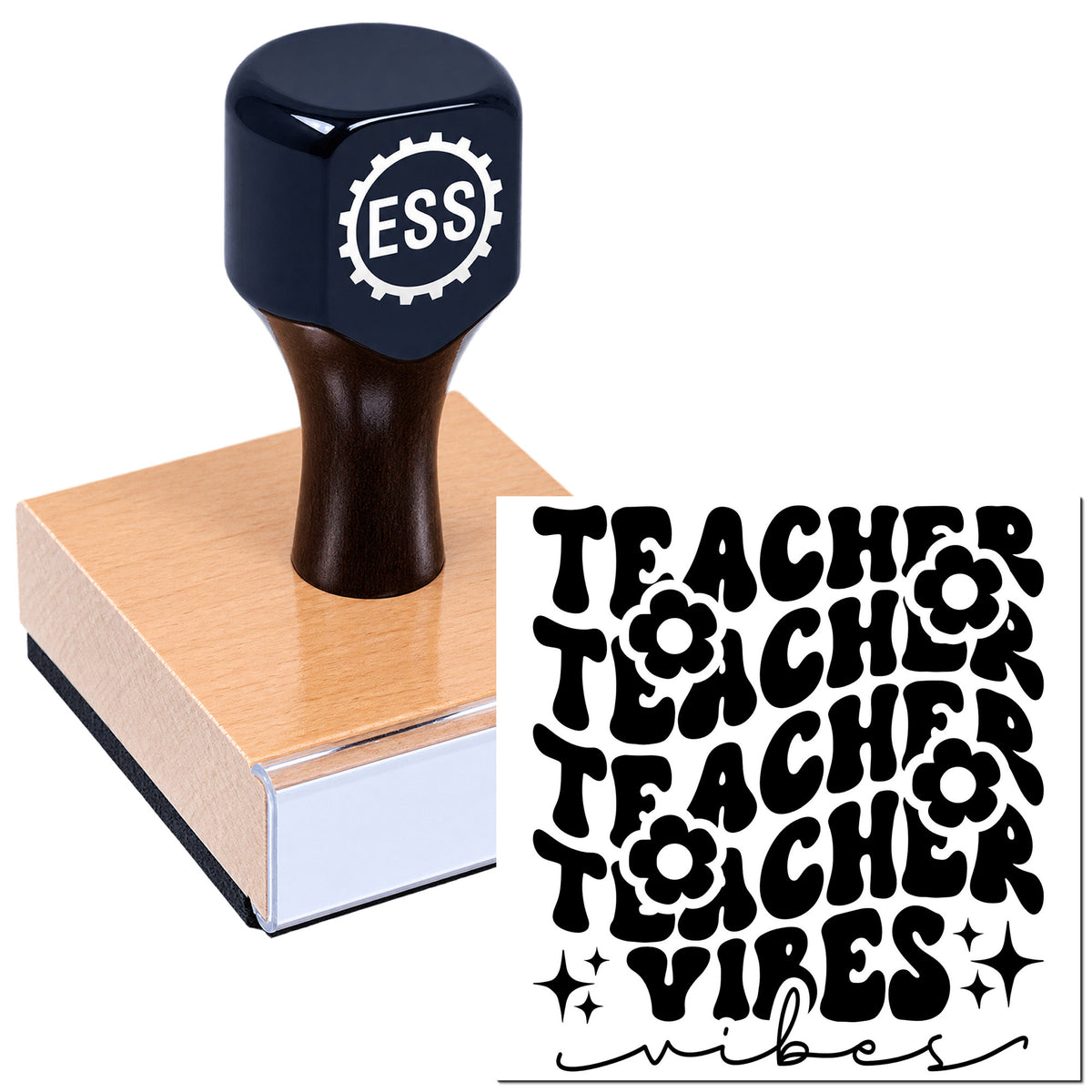 Black ESS rubber stamp on a pink seal block beside bold black "Teacher vibes" text with flower accents.