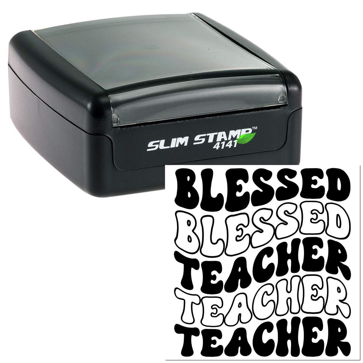 Black Slim Stamp 4141 self-inking stamp and seal with Blessed Teacher imprint on white background.