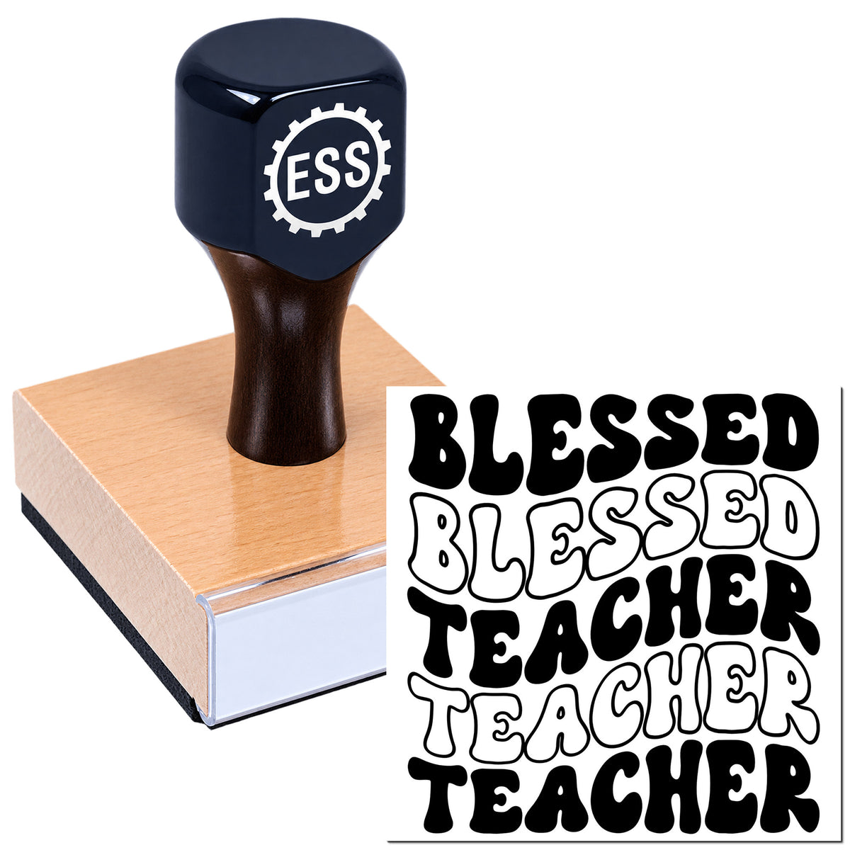 Black ESS rubber stamp on a wood block, beside bold black-and-white Blessed Teacher seal designs.